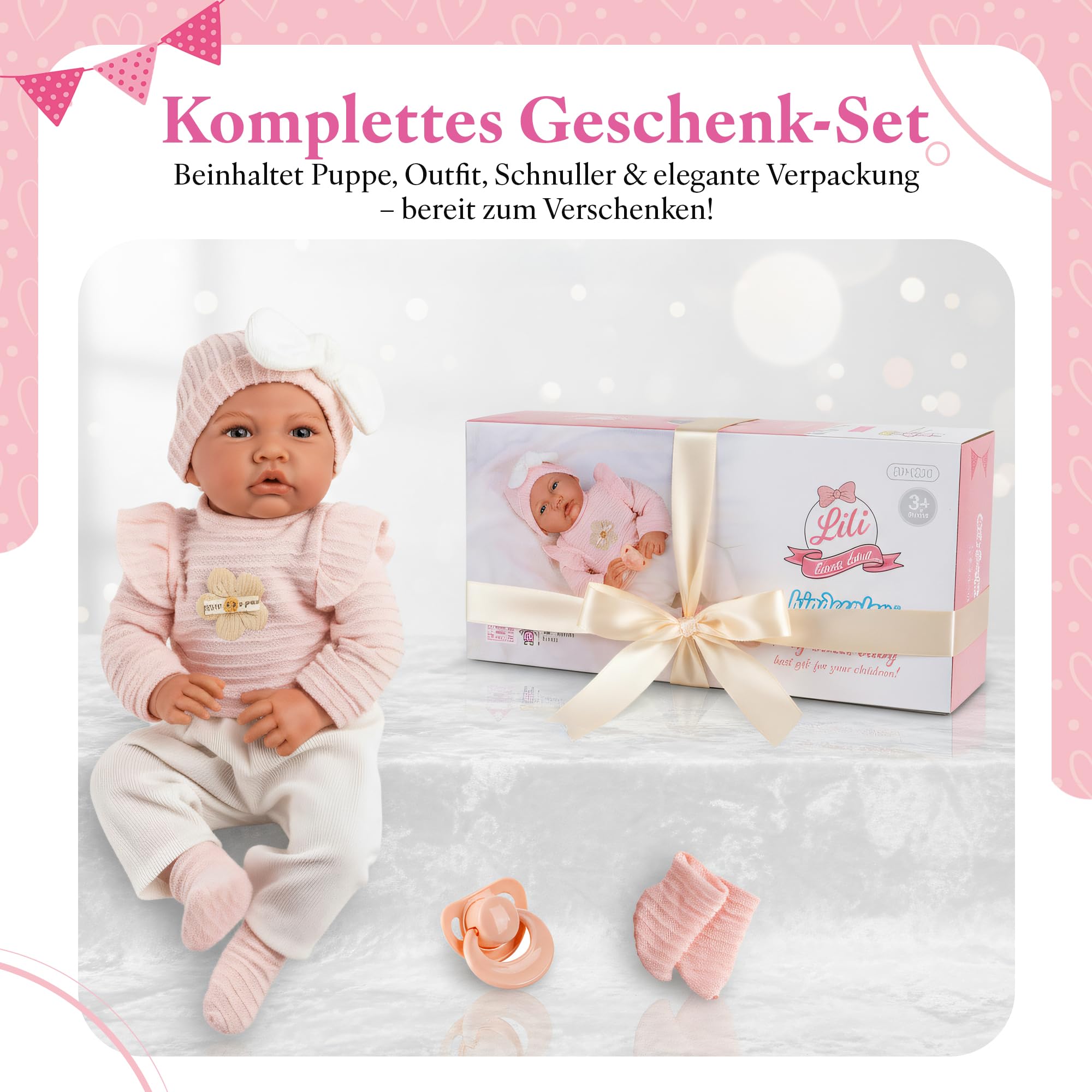 Kinderplay Lili Babypuppe 41 cm, realistische Weichkörperpuppe mit Geräuschfunktion und Schnuller, rosa Outfit, waschbare Kleidung, interaktive Puppe ab 3 Jahren, CE, Modell KP4204