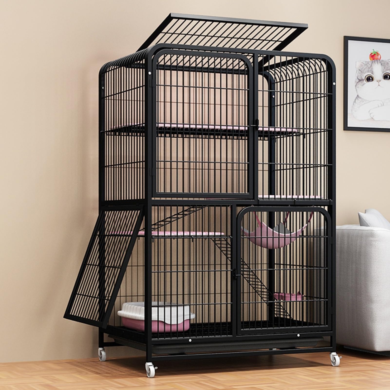 Catio enclos extérieur pour chat et lapin grand modèle noir à 4 niveaux
