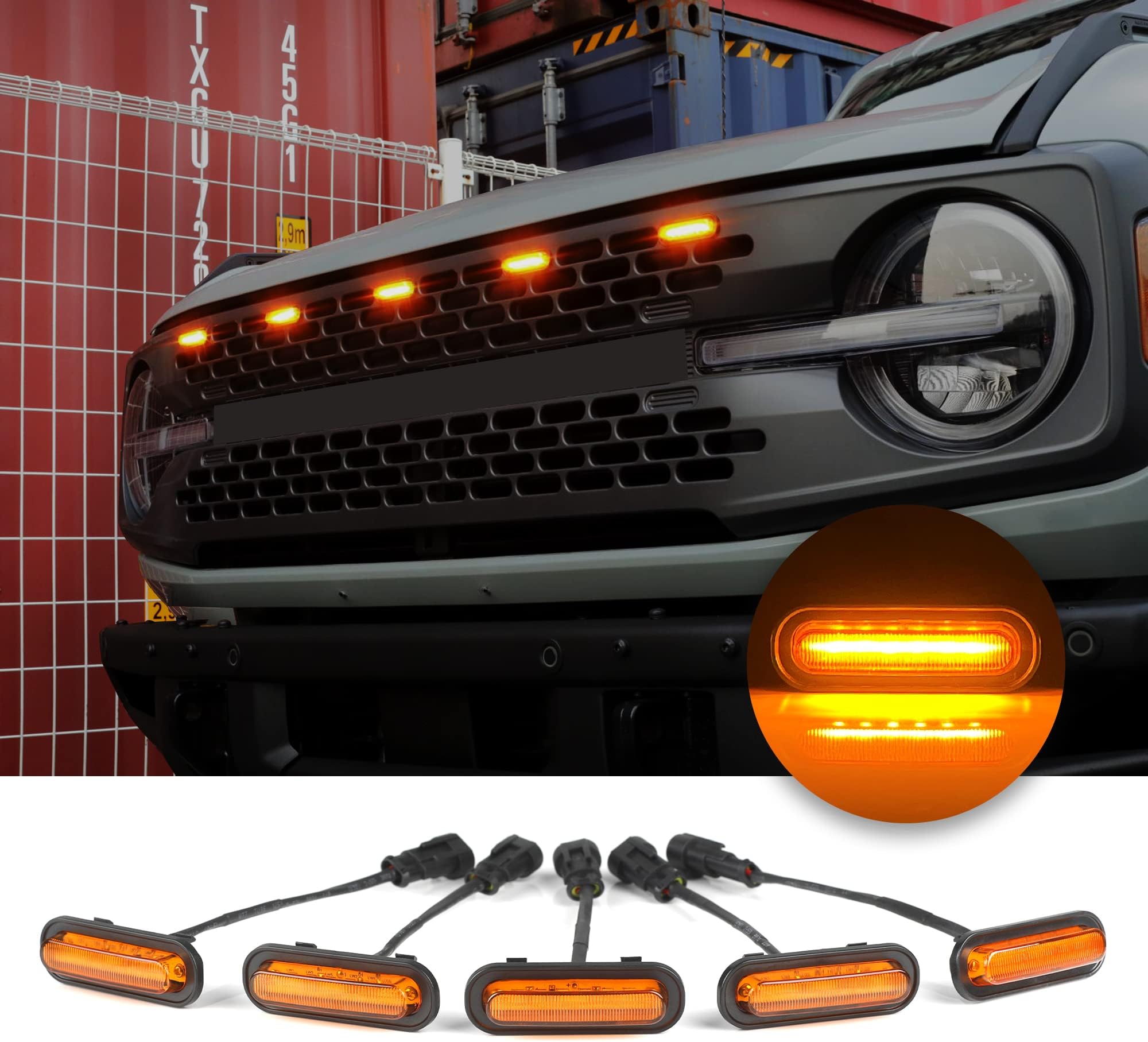 5 Pcs Front LED Grill Lights for Ford Bronco Accessories 2021 2022 2023 2024 2/4 Door Badlands Wildtrak Everglades & First Edition with Fuse & Wiring Harness (Amber Light with Amber Shell)