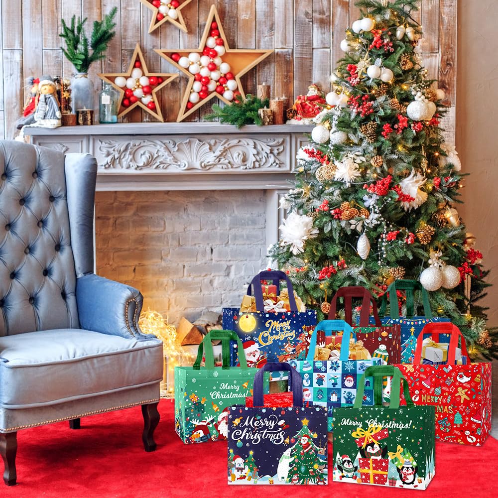 Dulefun 8pcs Christmas Tote Bags - Non-Woven Reusable Treat Bags for Christmas Holiday Party Favors