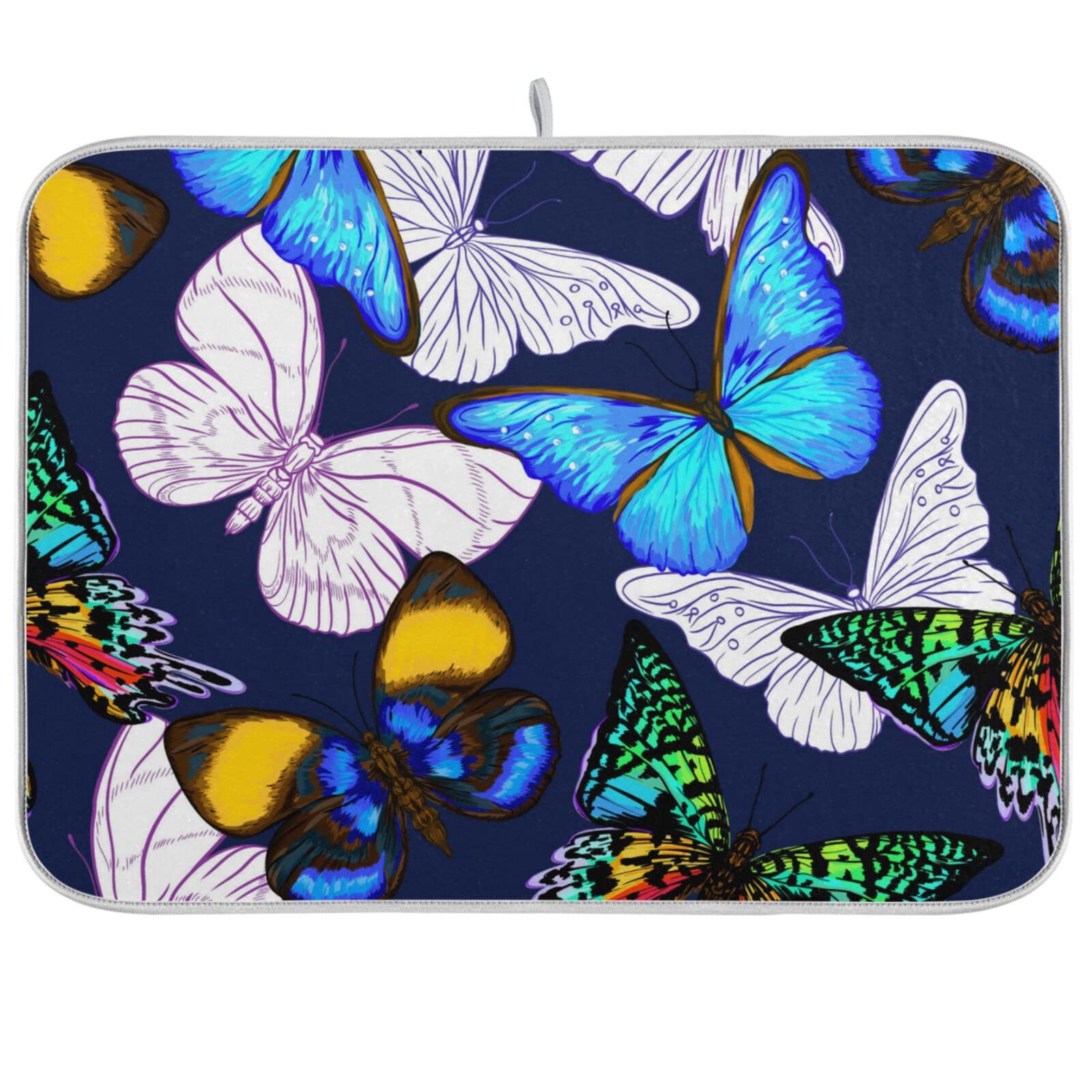 Absorbent Dish Drying Mat for Kitchen Counter - Blue Butterfly Microfiber Drying Pad, Reversible Drainer Mats for Countertop, Small 16" x 18"