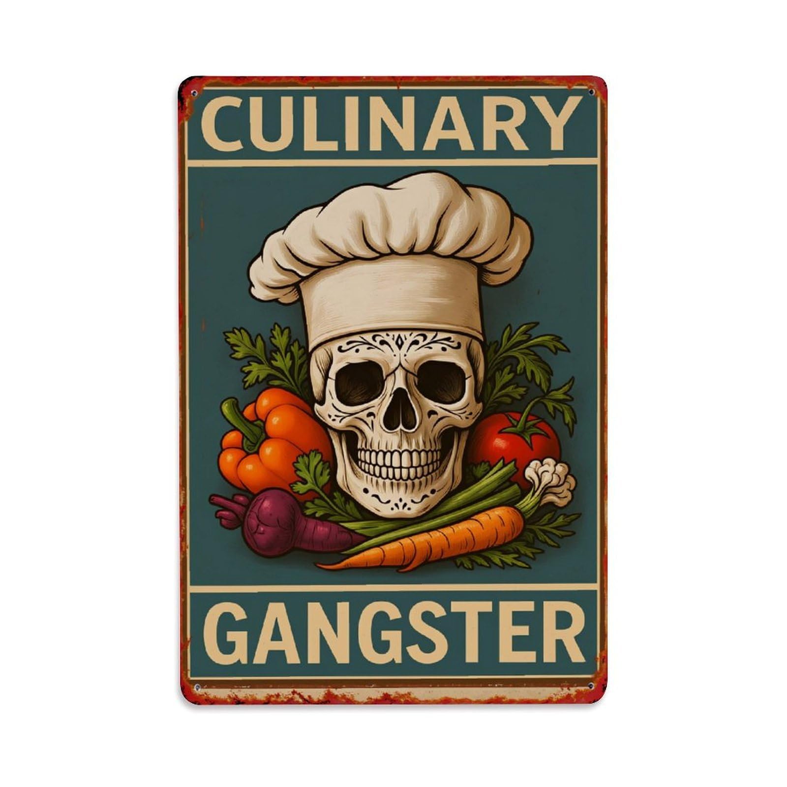 Jdyaojiesheng Vintage Skull Chef Vegetables Poster Tin Sign Retro Metal Wall Decor Metal Poster, Home Bar Garage Farmhouse Cafe Wall Art Decoration 8X12inches