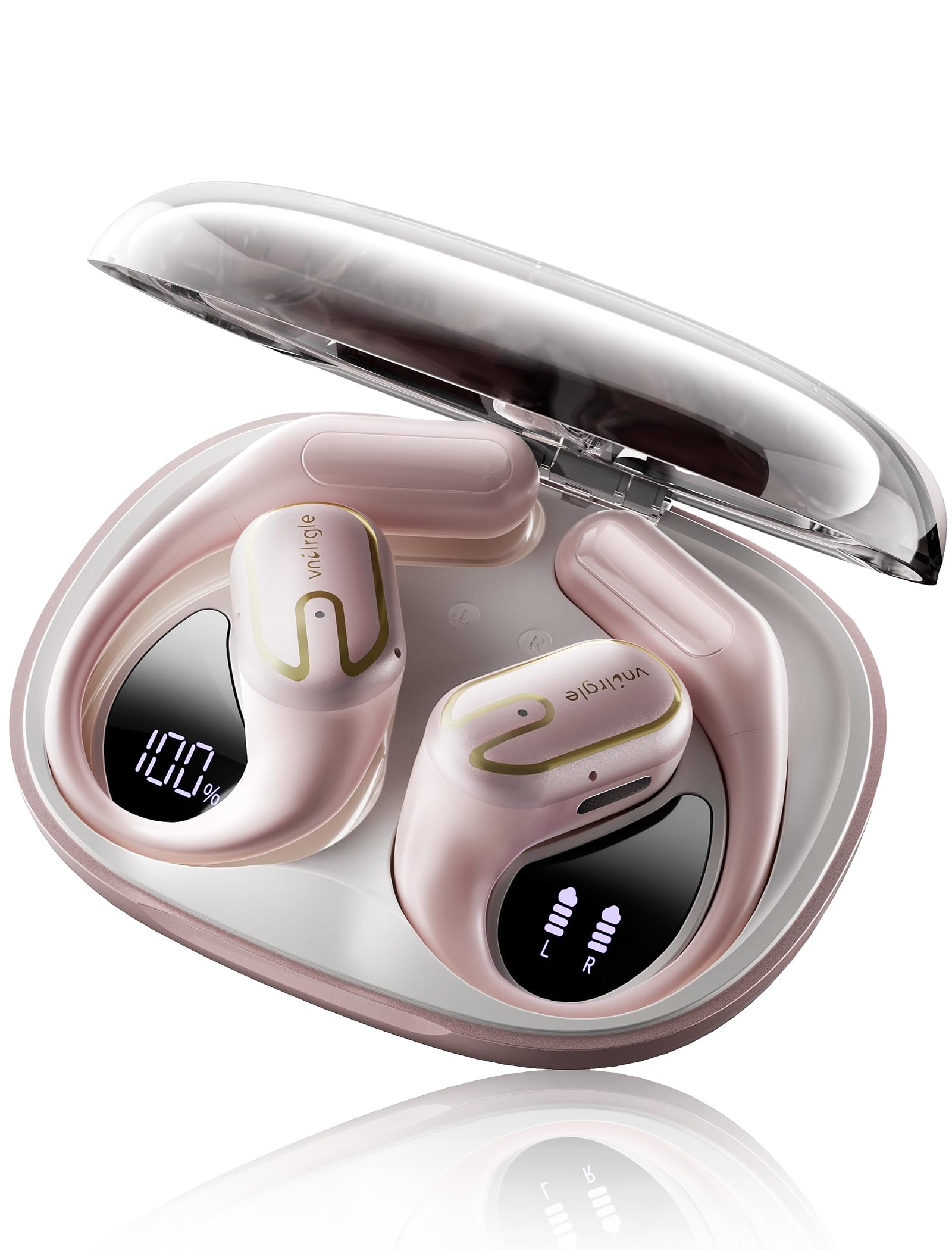 open ear headphones 5.4 bluetooth sport ear buds with led digital display ipx7 waterproof, wireless earbuds stereo sound with 18.2mm drivers (pink)