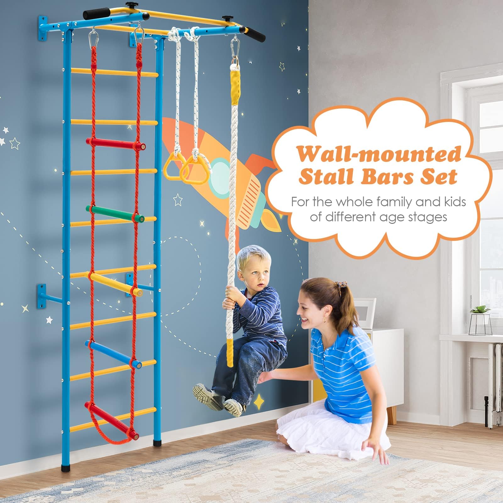 COSTWAY Échelle Murale Suédoise avec Barre de Traction & Échelle de Corde, Espalier Mural pour Enfants en Acier au Carbone avec Anneaux Gymnastique, Jeux d'escalade d'intérieur pour 3 Ans+