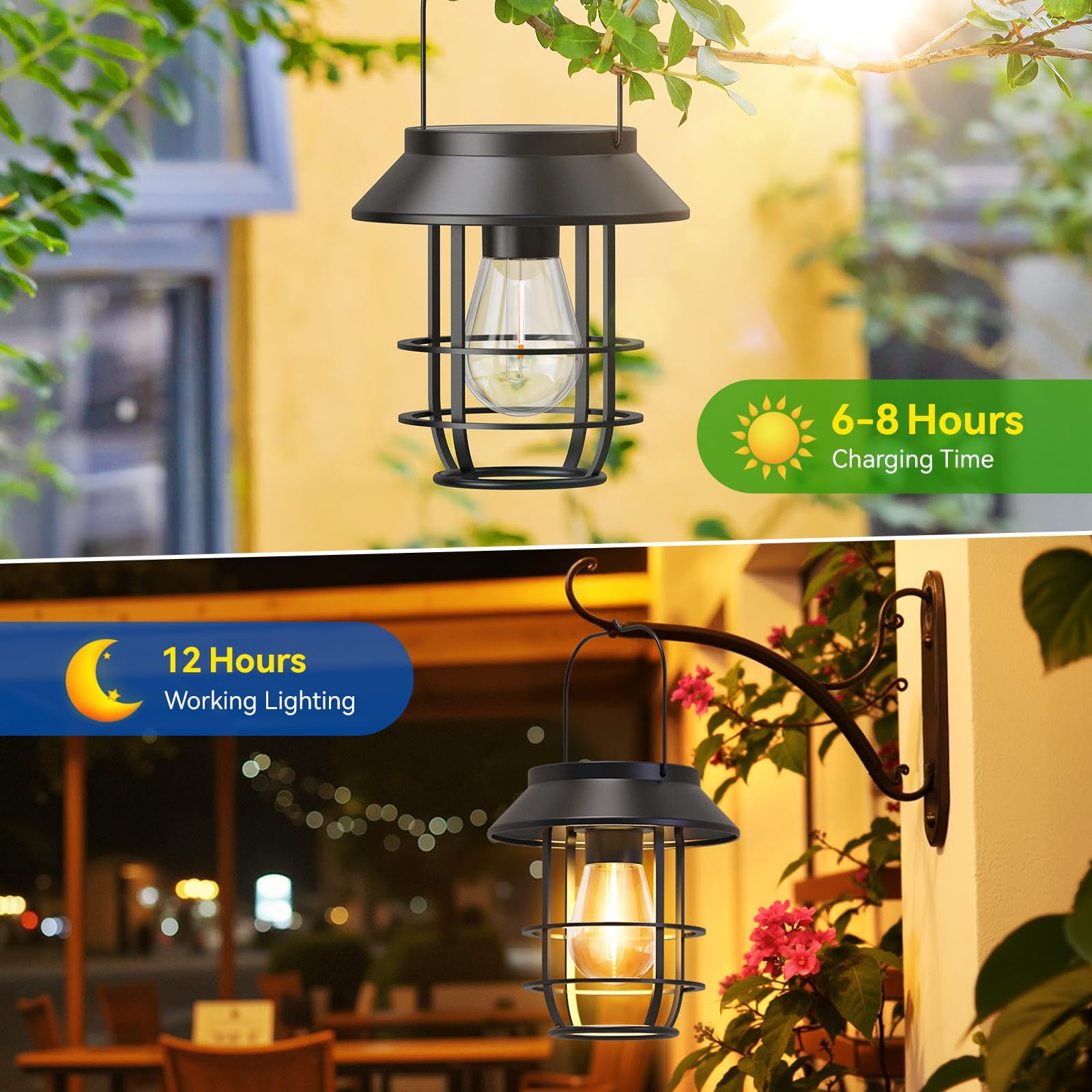 Lot de 2 lanternes solaires d'extérieur étanches à haute luminosité à suspendre avec crochets muraux, décoration d'Halloween, lanternes d'extérieur rétro en métal, marche/arrêt automatique pour