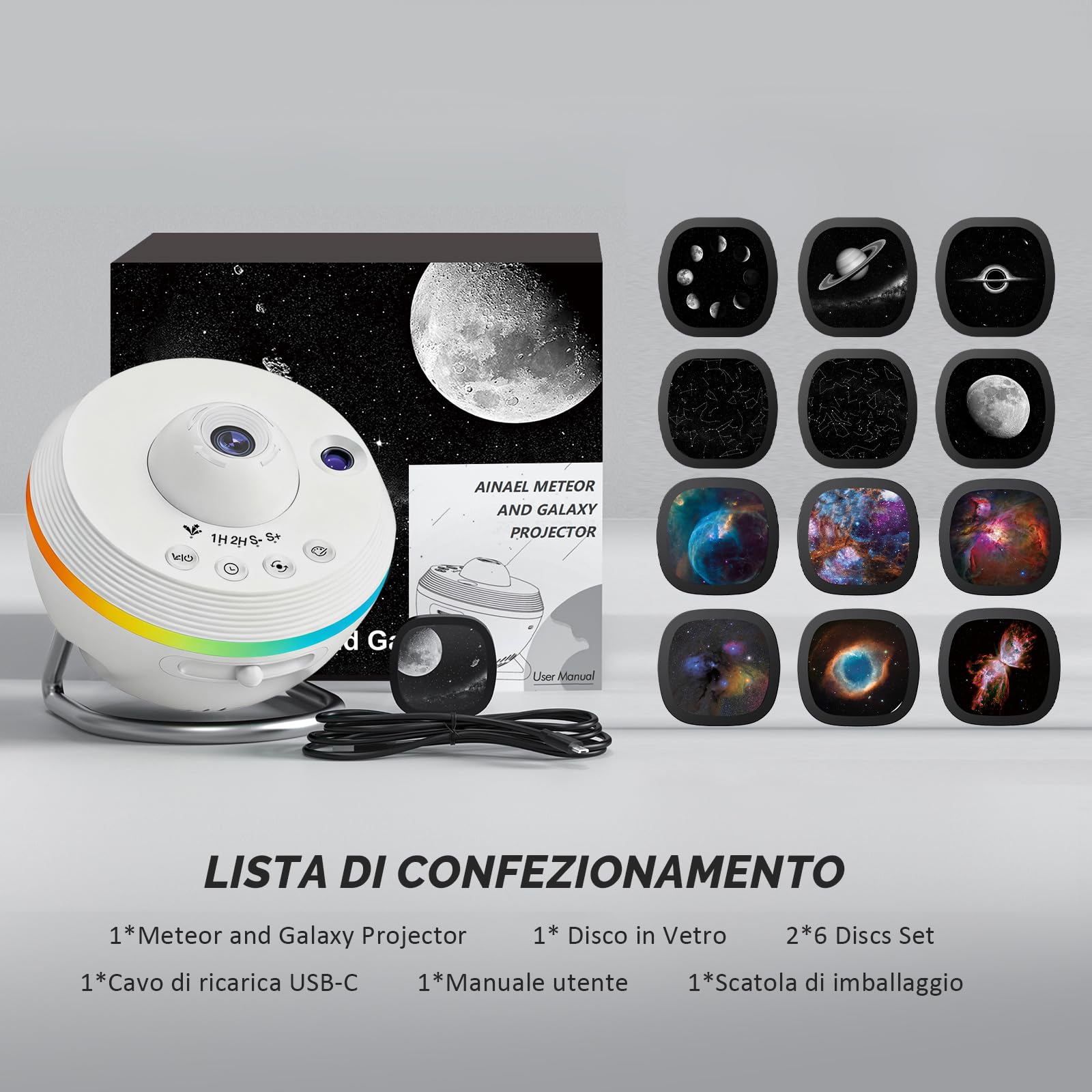 Proiettore Galassia, Proiettore Stelle Soffitto Planetaria Cielo Stellato Luce Notturna con Striscia Luminosa, Meteor and Galaxy Projector & 2 Films Set per Bambini Adulti Regalo