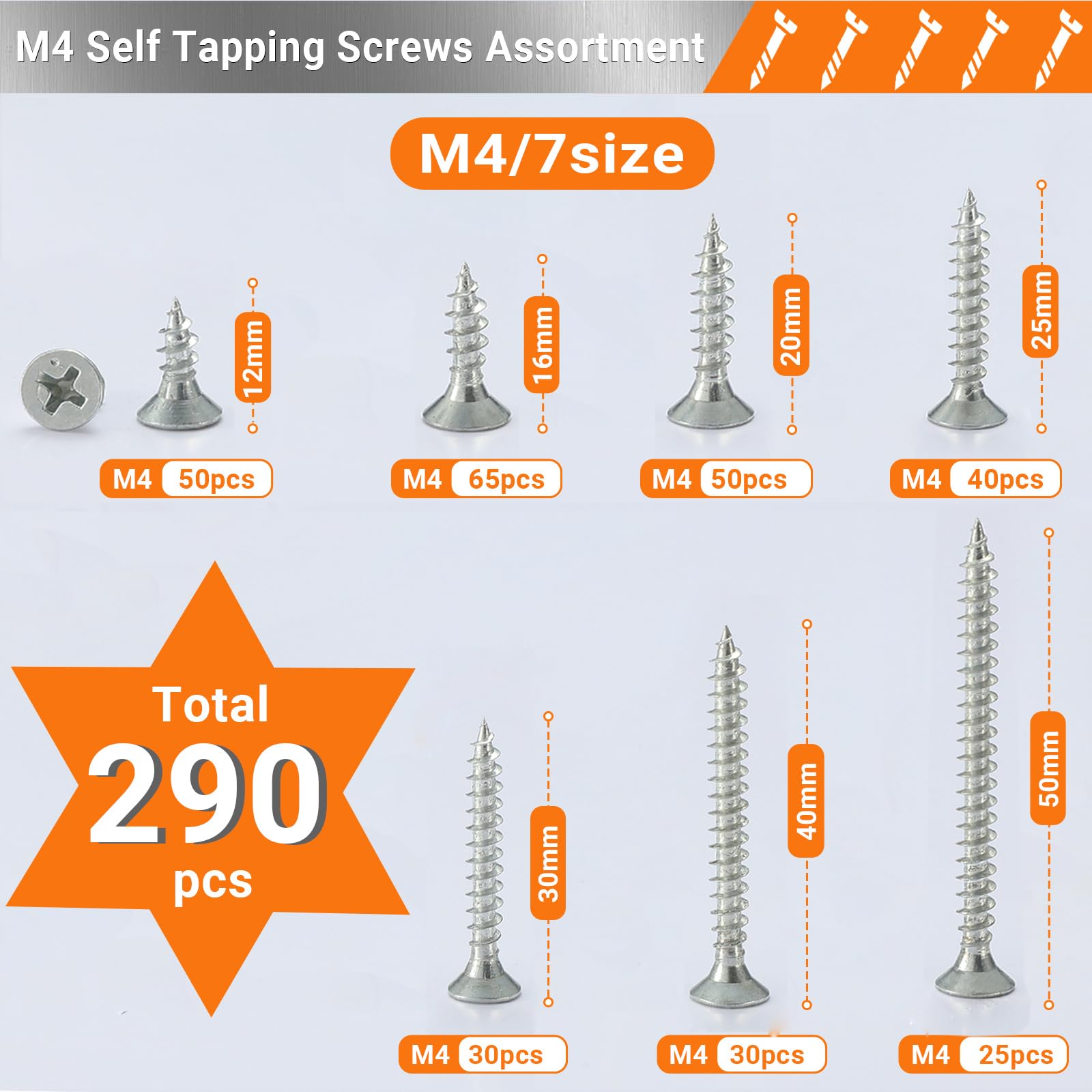 Xyxu M4 Wood Screws Assortment -290pcs Assorted Zinc Countersunk Self Tapping Screws for Wood 12mm, 16mm, 20mm, 25mm, 30mm - Image 2