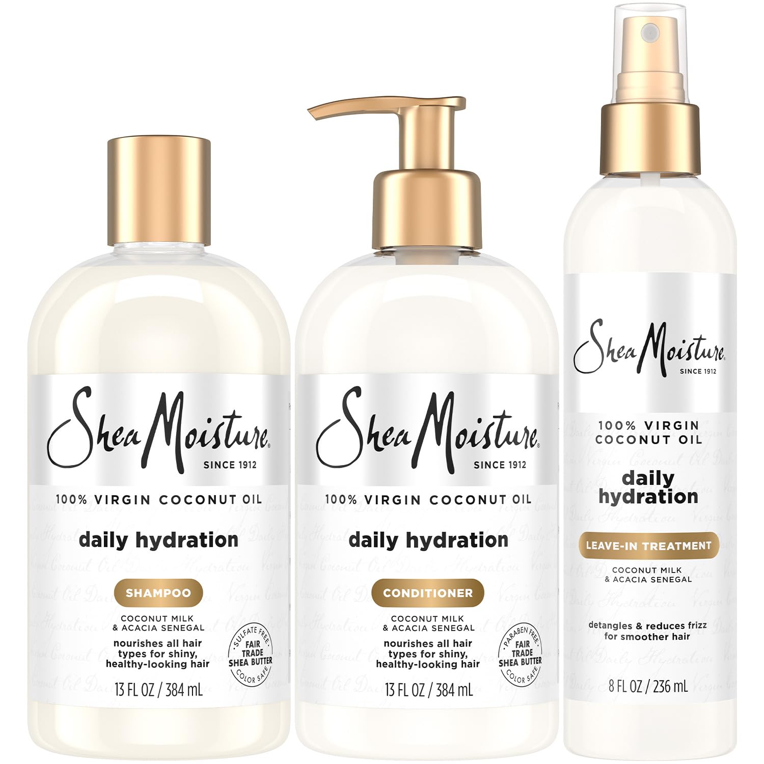 Shampoo & Conditioner + Leave-in Treatment, Daily Hydration with Coconut Oil, Hair Detangler, Frizz Control, Cruelty-Free (3 Piece Set)