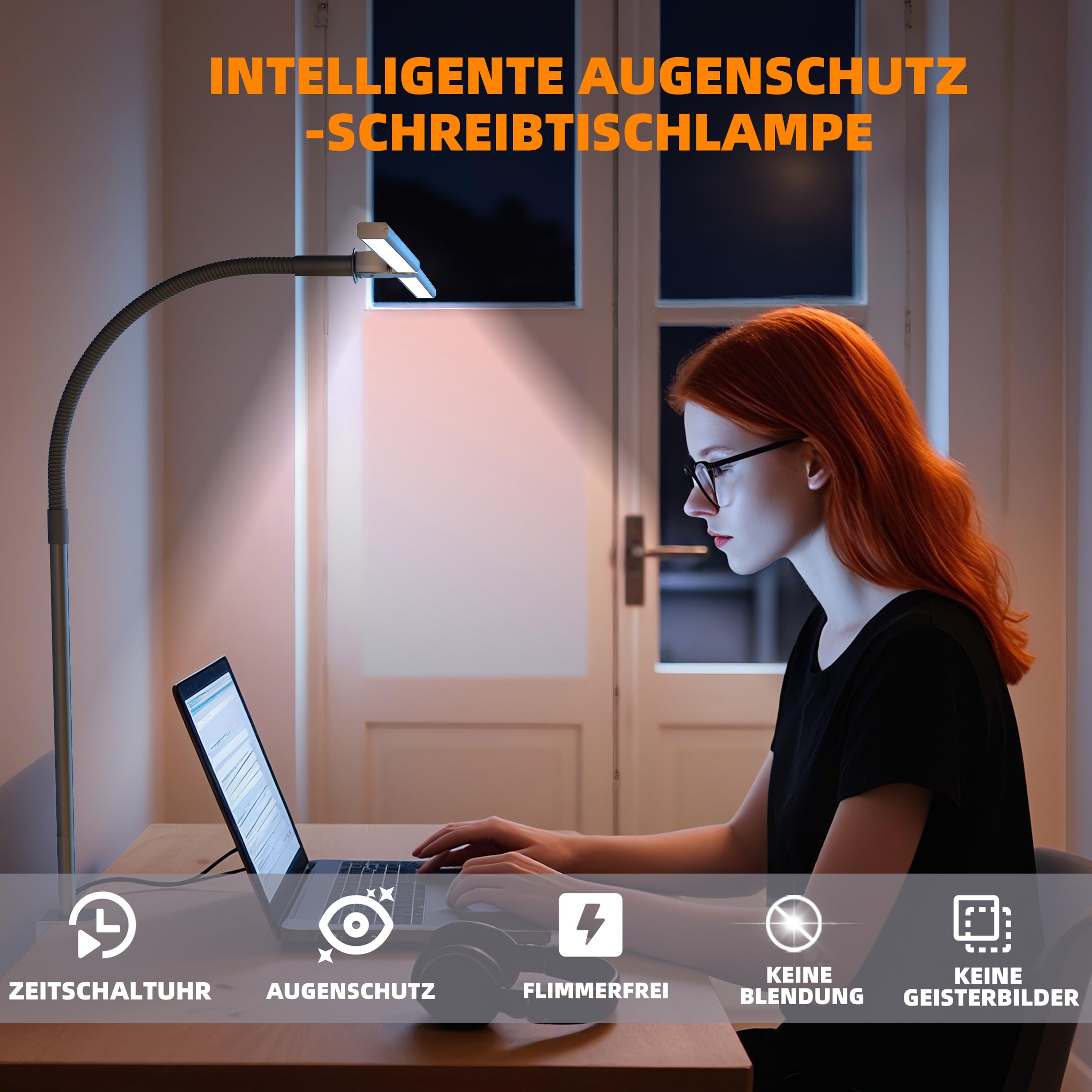 Doppelkopf Schreibtischlampe LED Dimmbar，1200 Lumen Schreibtischleuchte klemmbar mit 5 Farbtemperaturen und 5 Helligkeiten für Home Office，Augenschutz büro tischlampe mit Schwanenhals,Monitor Lampe