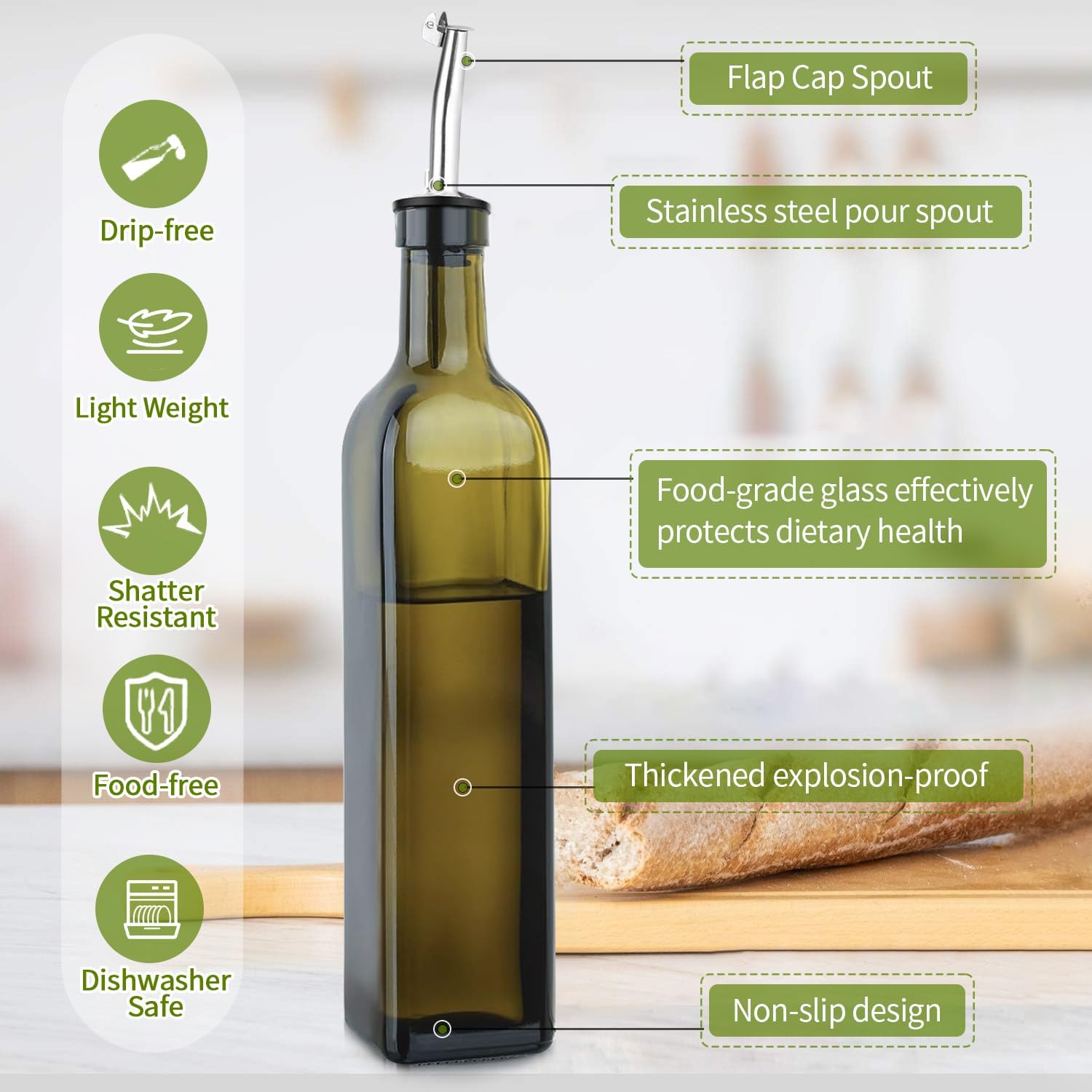 Botella dispensadora de aceite de oliva, 2 botellas de aceite de vidrio verde para cocina, juego dispensador de aceite y vinagre con vertedores y embudo, dispensador de aceite de oliva de 17
