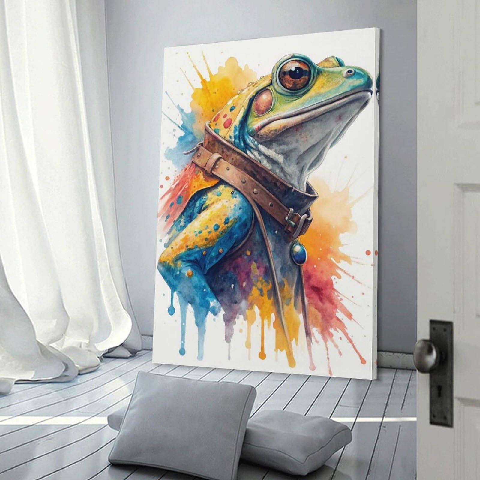 Junmoney Hanging Wall Art Watercolor Frog in Coat, 24x36inch(60x90cm), for Wall Displays, Bedrooms Or Room Updates, Wall Decor Suited to Curated Displays