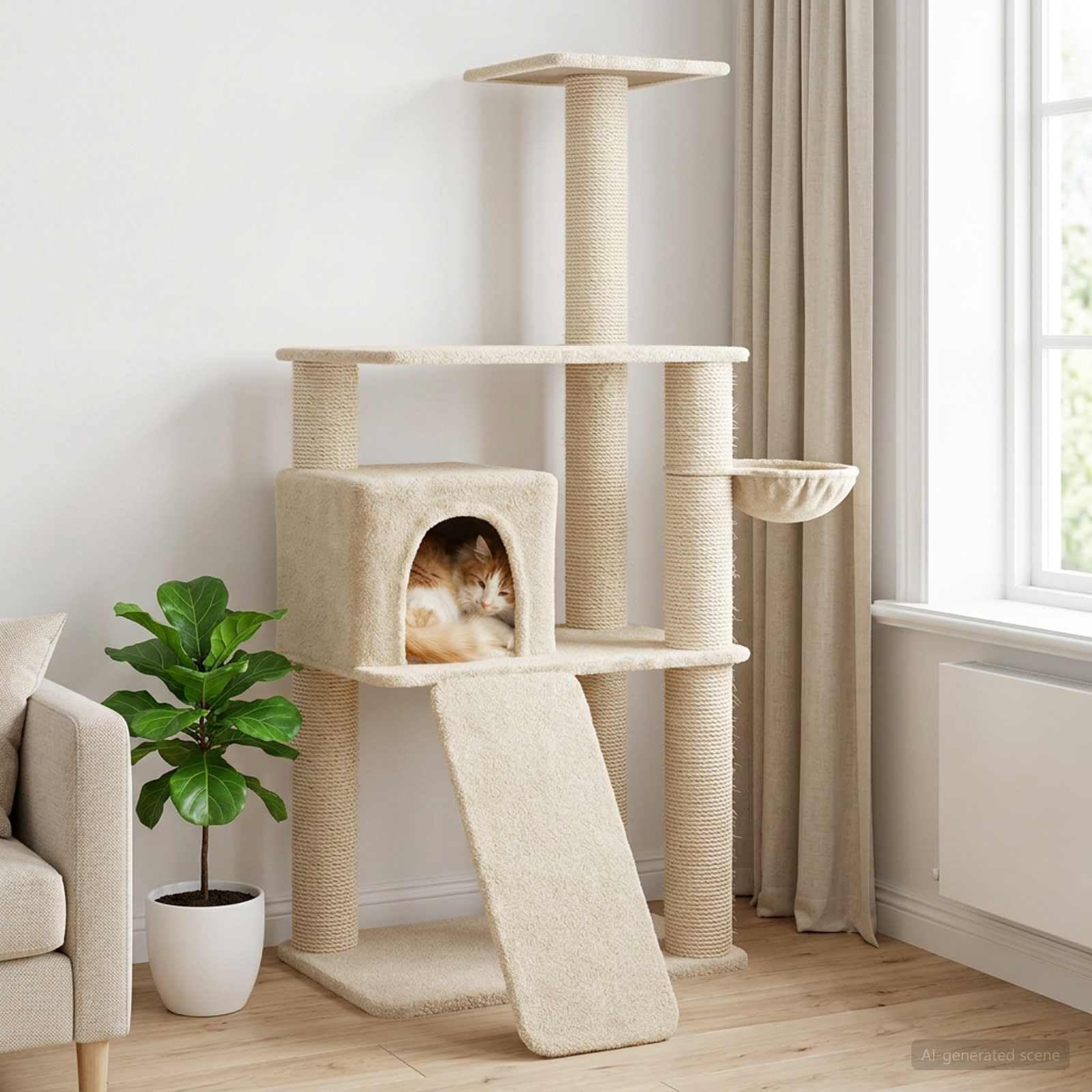 Árbol rascador para gatos con columnas rascadoras de sisal y cueva integrada de 173 cm, marco de madera estable, diseño de varios niveles, superficie de descanso acogedora, adecuado para casa
