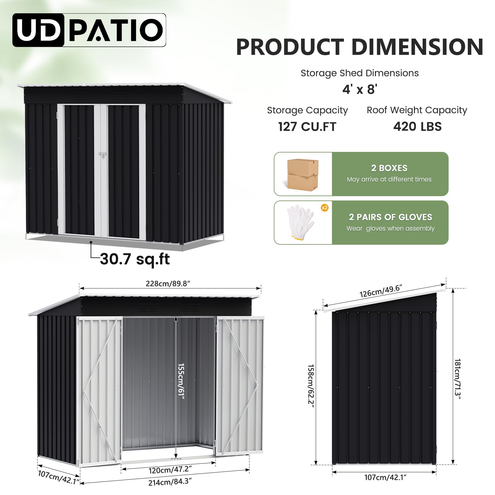 UDPATIO Casetta da Giardino in Metallo, 228x109x181 cm, Armadio da Giardino con Porta e Serratura, Armadio da Esterno Impermeabile per Prato, Attrezzi, Giardino e Balcone