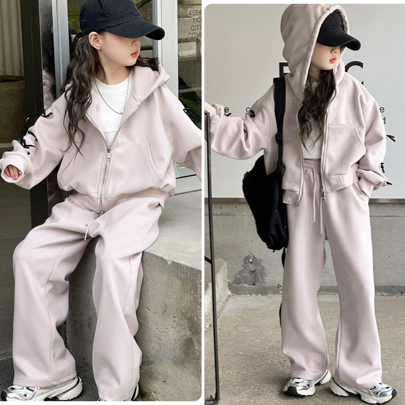 Survêtement Filles Ensemble Jogging Enfant 2pcs Veste à Capuche + Pantalons Sportswear Respirant avec Papillon Nœud pour Printemps et Automne