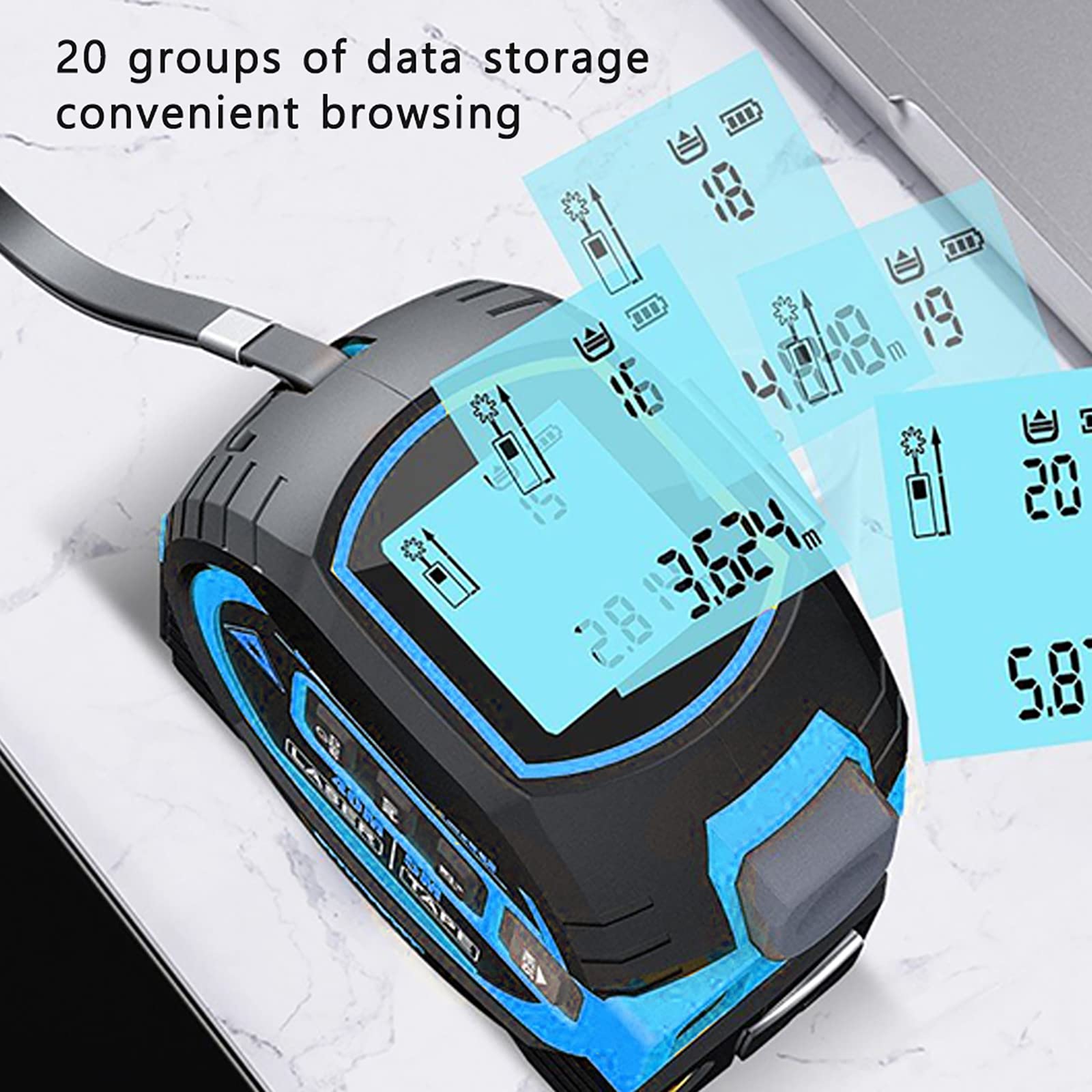 Distancemètre Numérique, 60 M/5 M Mètre Ruban Numérique Portable 2 en 1 avec Écran LCD Anti-Chute Et Ligne De Repère Croisé, Crochet Magnétique Et Interrupteur Anti-Erreur pour Mesurer