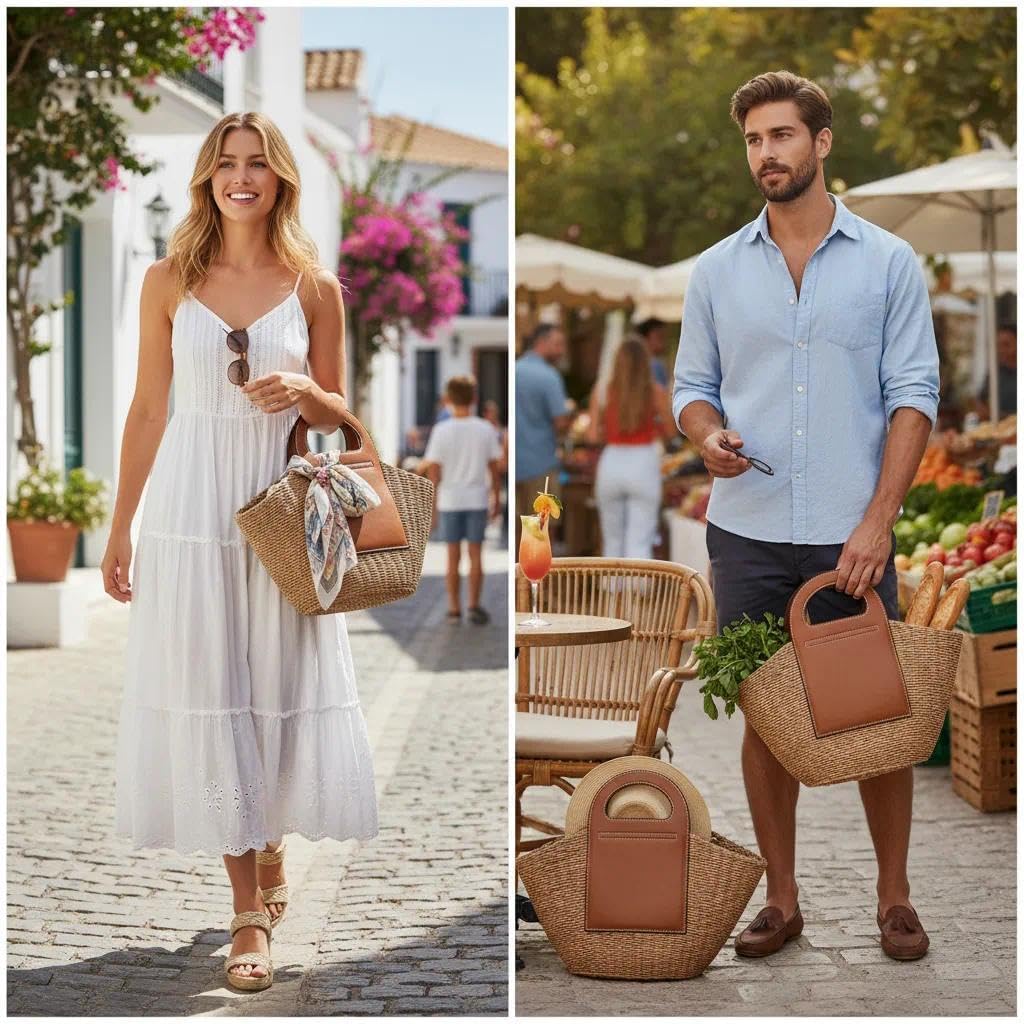 Summer Beach Bag, Hand Made Straw Beach Bag Basket Leather Stitching Tote Bag, Large Capacity Designer Handbags for Vacation Travel Daily(Khaki) - Image 6