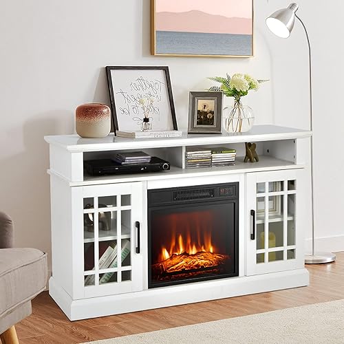 Miniatura 9 de GOFLAME Soporte de TV con chimenea para TV de hasta 55 pulgadas, centro de entretenimiento de madera independiente con chimenea eléctrica de 18