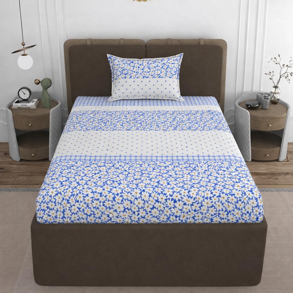 VOMZER Premium 320 TC Fitted Bed Sheet with Full Elastic - Deep Pocket Design - Wrinkle Resistant Fitted Bedsheet 36x72 Single White Lily