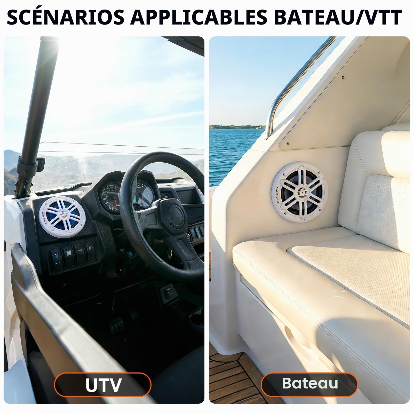 Enceintes Marines STUDIOFINIX 6,5 Pouces, 700 W, avec éclairage LED - Enceintes 2 Voies résistantes aux intempéries, idéales pour Les Bateaux, Les quads et Les UTV (Paire, Blanc)