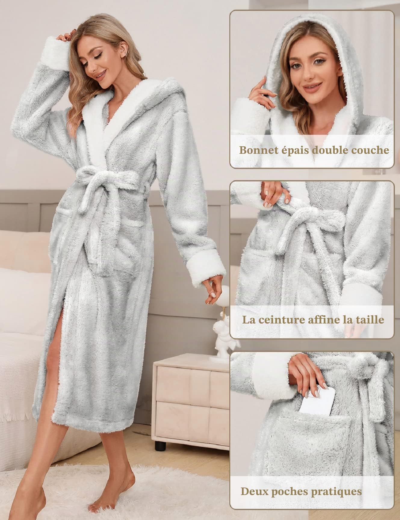 Nadeer Robe de Chambre Polaire pour Femme Homme Longue Peignoir Peignoir de Bain à Capuche en Polaire Douce Unisexe Cravate Taille Robe de Chambre Séchage Peignoir