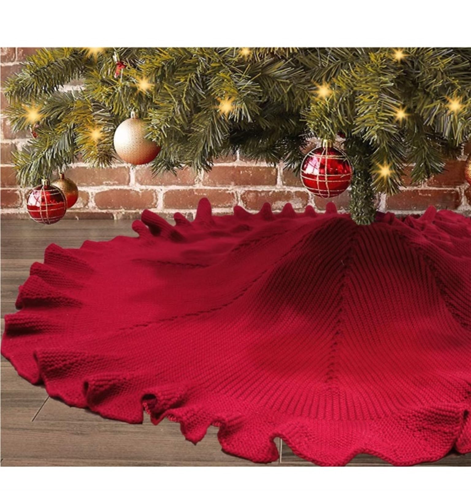 Tapis de Sapin de Noel Jupe d'arbre De Noël Tricotée À Volants, Rustique Plissée Épaisse, Décoration Vacances Couvre-Pied d'arbre