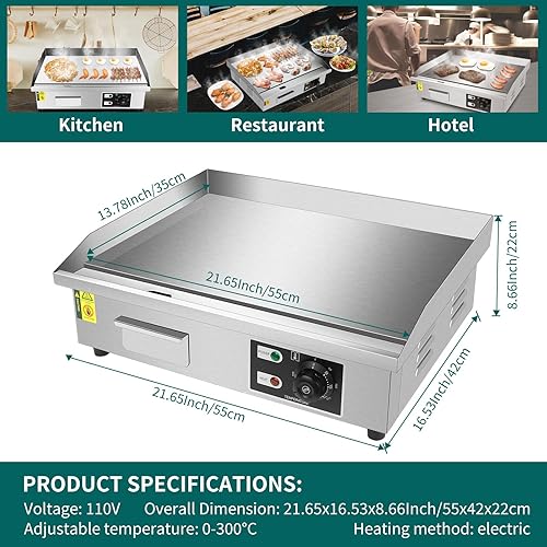 Miniatura 7 de Plancha eléctrica comercial de 22 pulgadas, parrilla superior plana de 3000 W, 110 V, parrilla Teppanyaki antiadherente, barbacoa de placa caliente