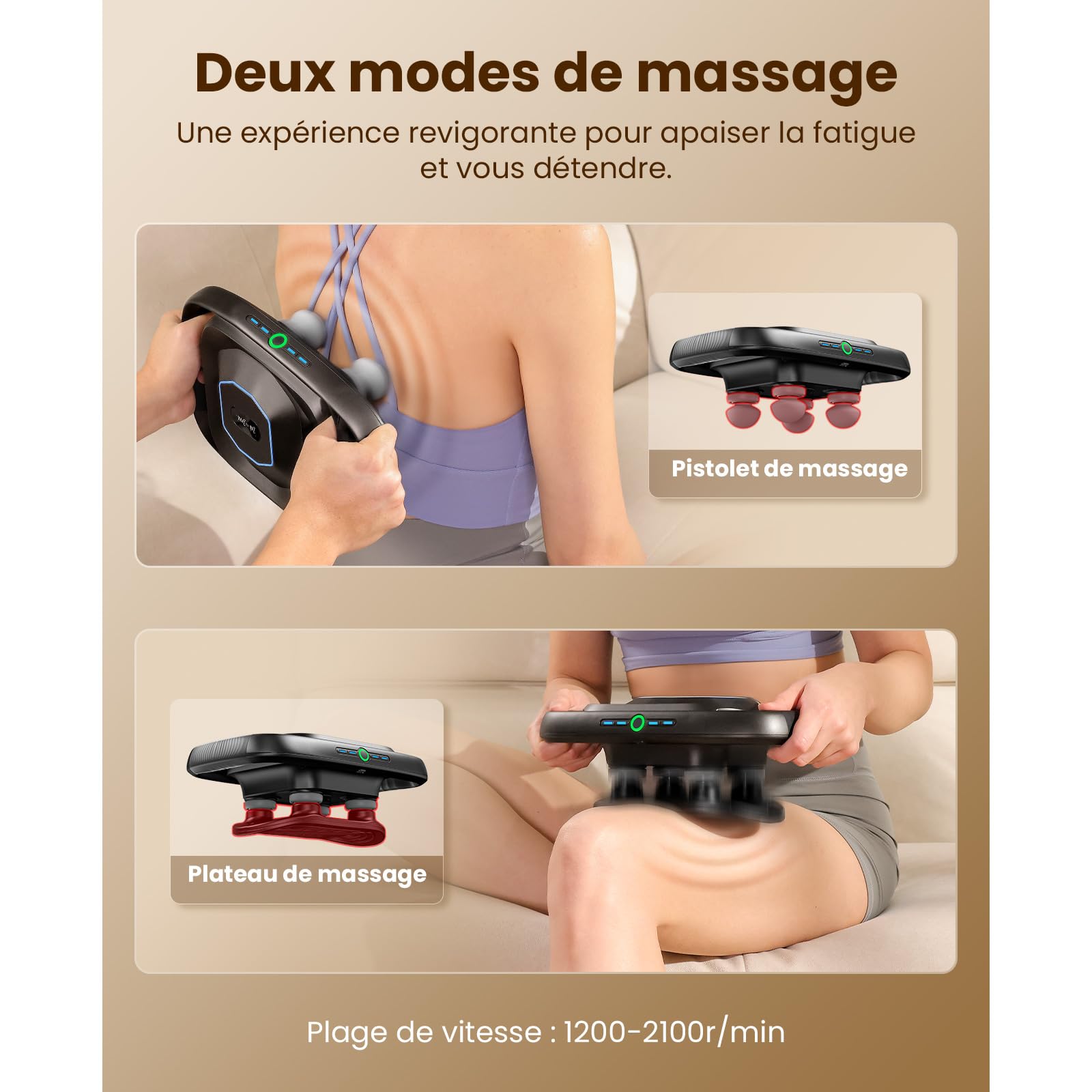 BOB AND BRAD TheraPanel Pistolet de Massage avec 4 Embouts | Masseur Musculaire pour Tissus Profonds avec Plaque de Massage des Fascias, Détente du Dos et Jambes, Massage à Percussion