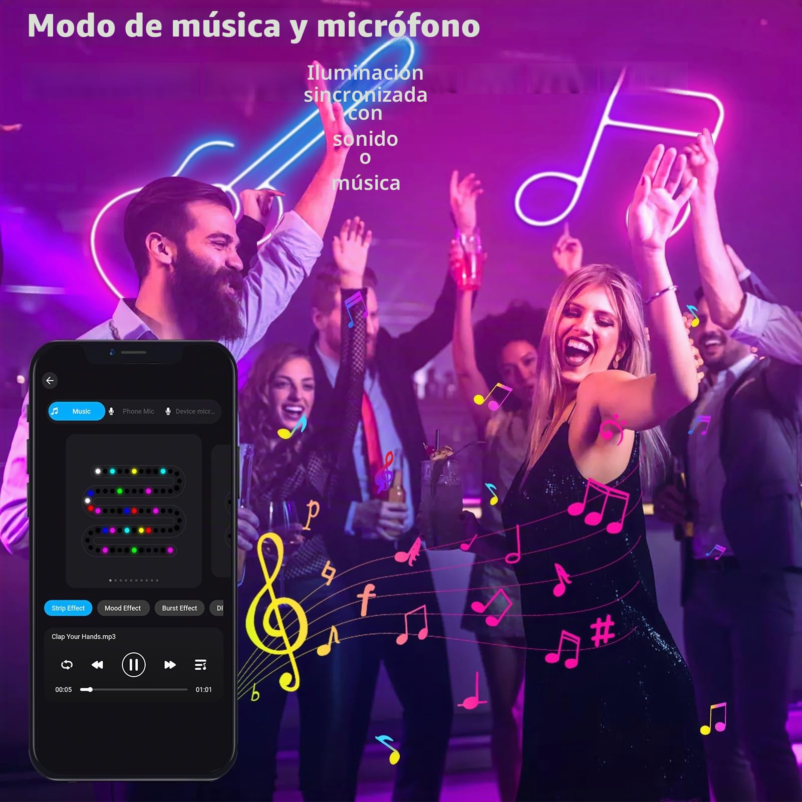ZAIYW Tira de luces LED de neón de 10 m, RGB y IC, 5 V, con control remoto, sincronización de música, flexible, IP65, resistente al agua, para dormitorio, pared, decoración de juegos