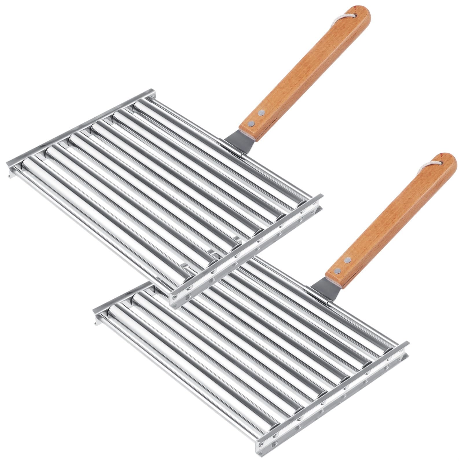 Hot Dog Grilling Roller with Wood Handle, Stainless Steel Sausage Roller Rack, 9.4 X 7.1 Inch for Bbqs, 2Pcs