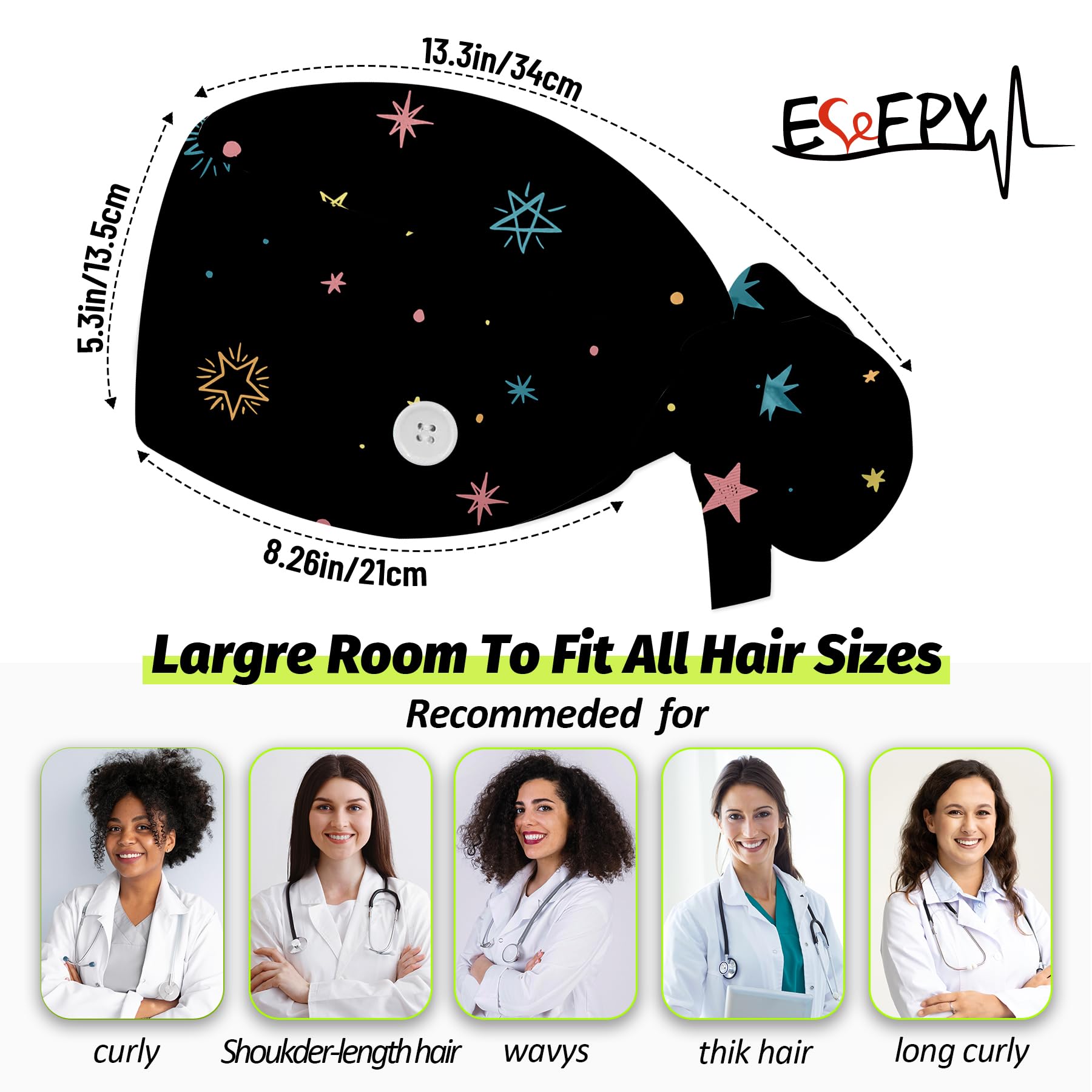 Working Cap Scrub Caps for Women, Nurse Hat Women Ponytail, Scrub Hats with Sweatband Buttons Adjustable Nurse Caps