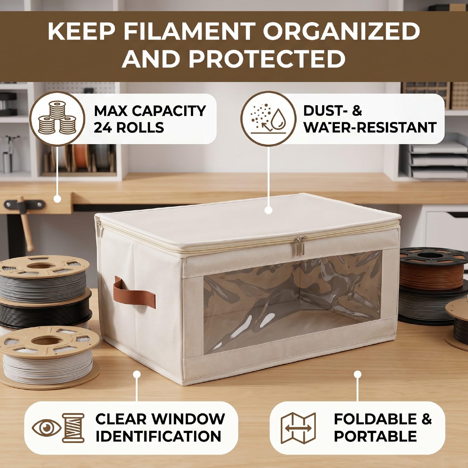 Fafeicy Caja de Almacenamiento de Filamentos, Organizador de Carretes de Impresora 3D de 24 Rollos de 1 Kg con Panel Frontal Transparente de Tela Oxford, para Suministros de Impresión 3D