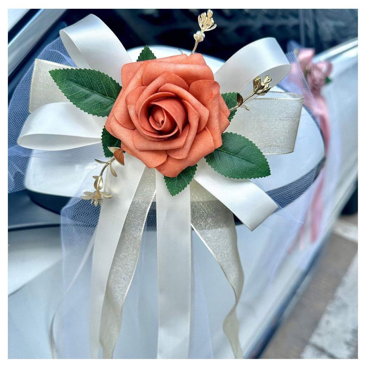 Autoschleifen Blume Hochzeit Seidenblume Band mit Tüll für Hochzeitsauto Autoschmuck Schleife Türgriffleiste Rückspiegel Hochzeit Wedding Car Tüll-Blumenschmuck Blumeschleifen AutoOrange20pcs