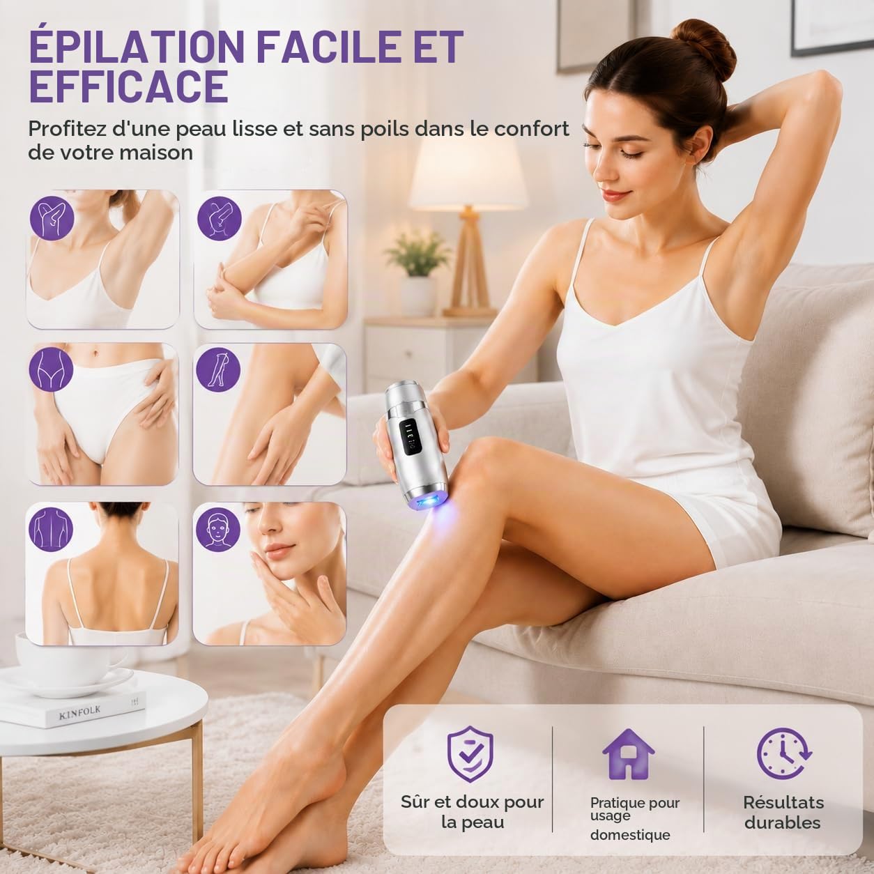 Epilateur Electrique Femme, IPL avec Controle de Temperature, Epilateur Lumiere Pulsee, Pour Visage, Aisselles Et Corps, kit Epilation Cire,Double Mode Manuel Et Automatique, Argent
