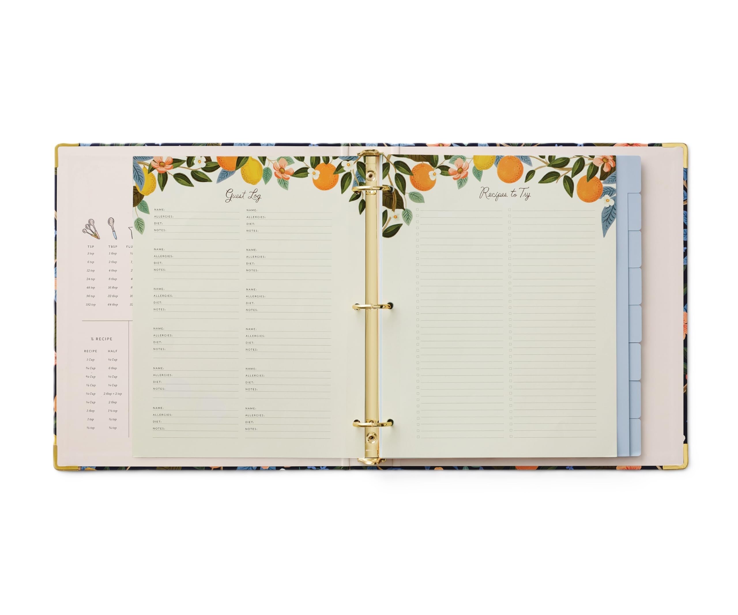 RIFLE PAPER CO. Raccoglitore per ricette Citrus Grove – 16 divisori a schede, 10 buste trasparenti per biglietti di ricette, 2,5 cm di stile a tre anelli, 21,5 cm di lunghezza x 24 cm di larghezza,