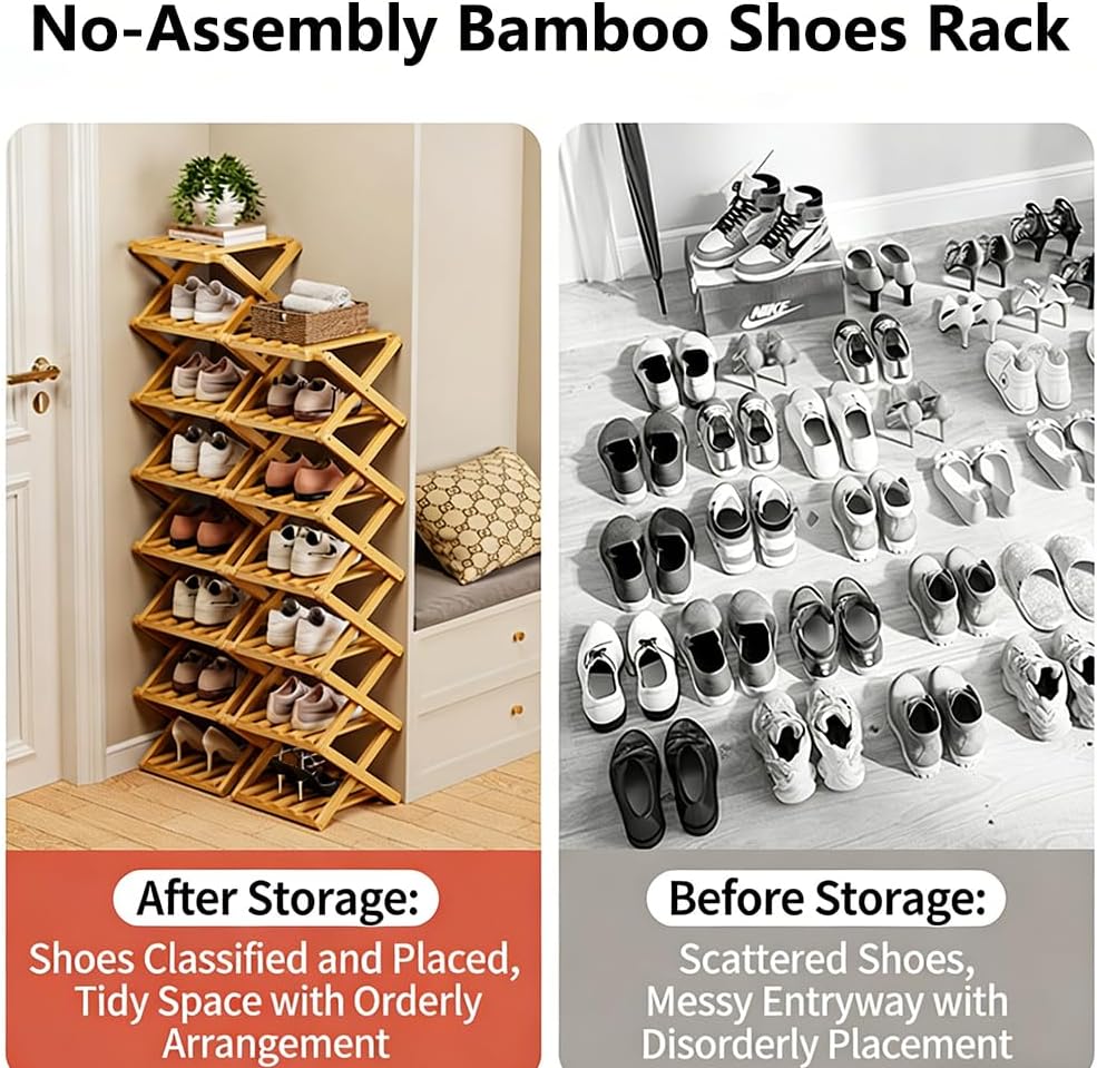 No-Assembly Bamboo Shoes Rack, Foldable Vertical Corner Shoe Organizer, Multifunctional Narrow Shoe Shelf for Entryway, Closet, Bedroom, Hallway (Original, 9-Tier)