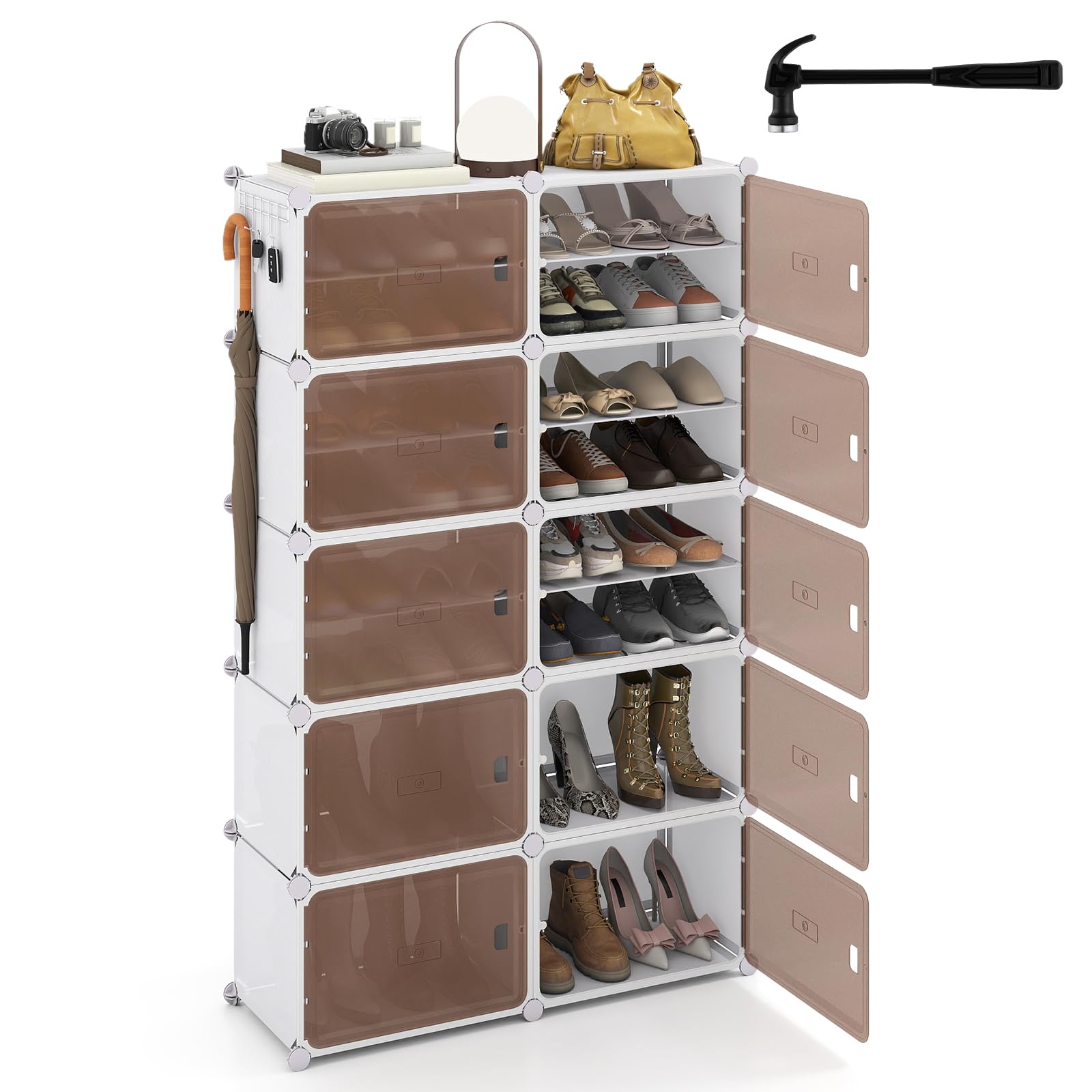 COSTWAY 4/6/8/10-Cube Shoe Storage Cabinet, Modular Plastic Interlocking Shoe Rack for 16/24/32/40 Pairs with Removable Shelves, Hooks & Doors, DIY Storage Organiser Unit for Hallway Closet (10 Cubes)