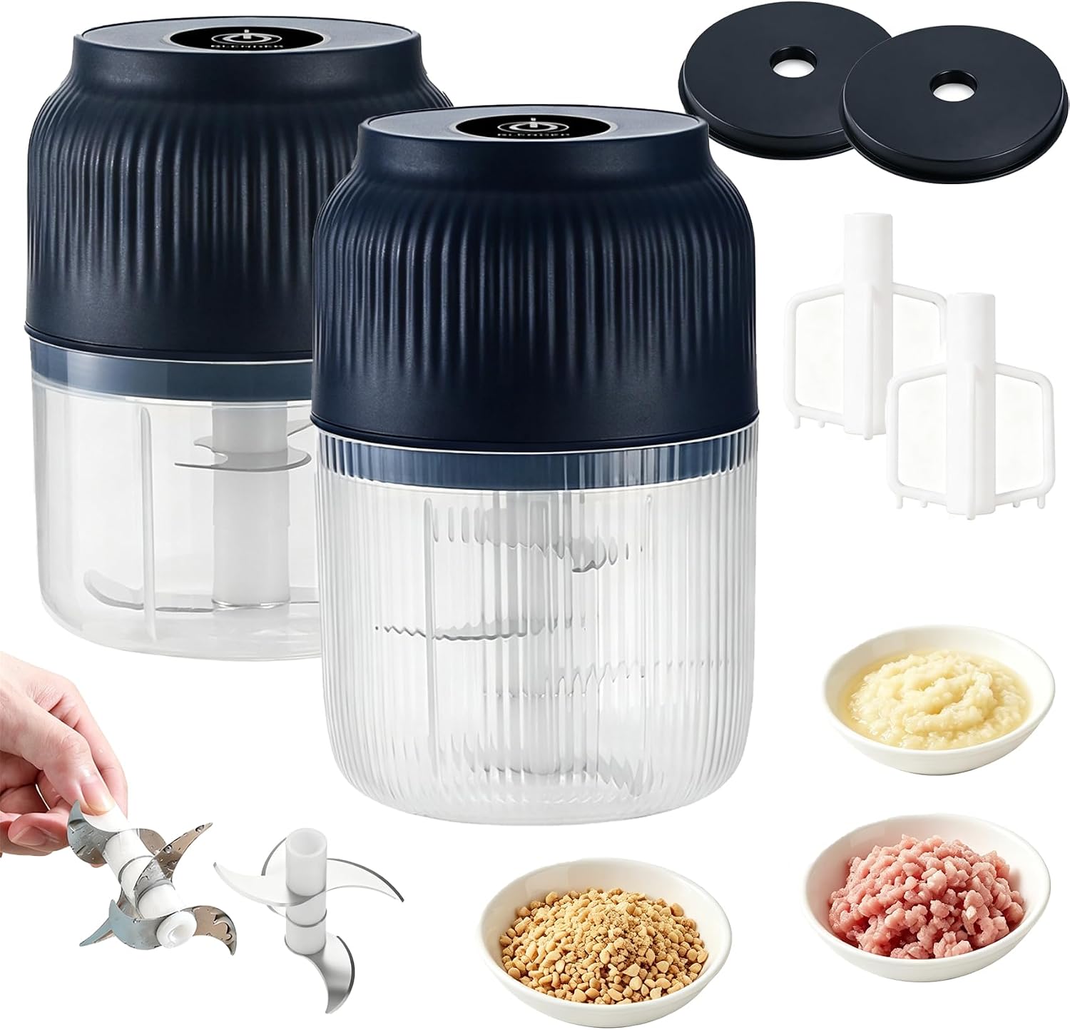 Household Electric Garlic Crusher, Portable Mini Electric Food Chopper with Lid, 6 Blades Cyclone Cordless Mini Food Processor, 3-Second Mincer for Onion, Ginger, Chili and Fruit (Blue(300+400))