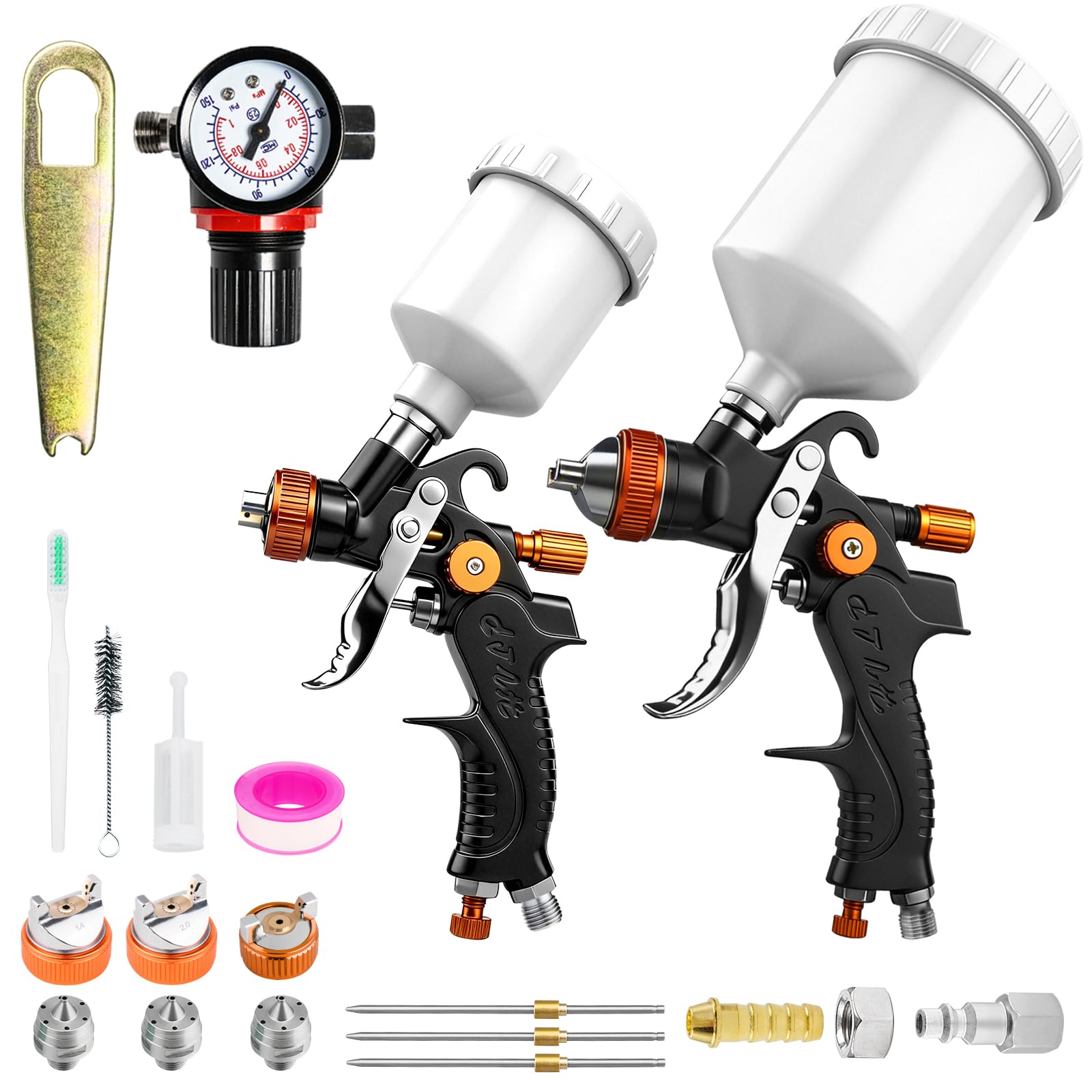 HVLP Lackierpistole Spritzpistole Kit, 2-teilige Spritzpistole, 1,0 mm (125 ml) und 1,4/1,7 mm (600 ml) Autolackierpistole mit Luftregler, professionelle Farbsprühpistole für Autolacke