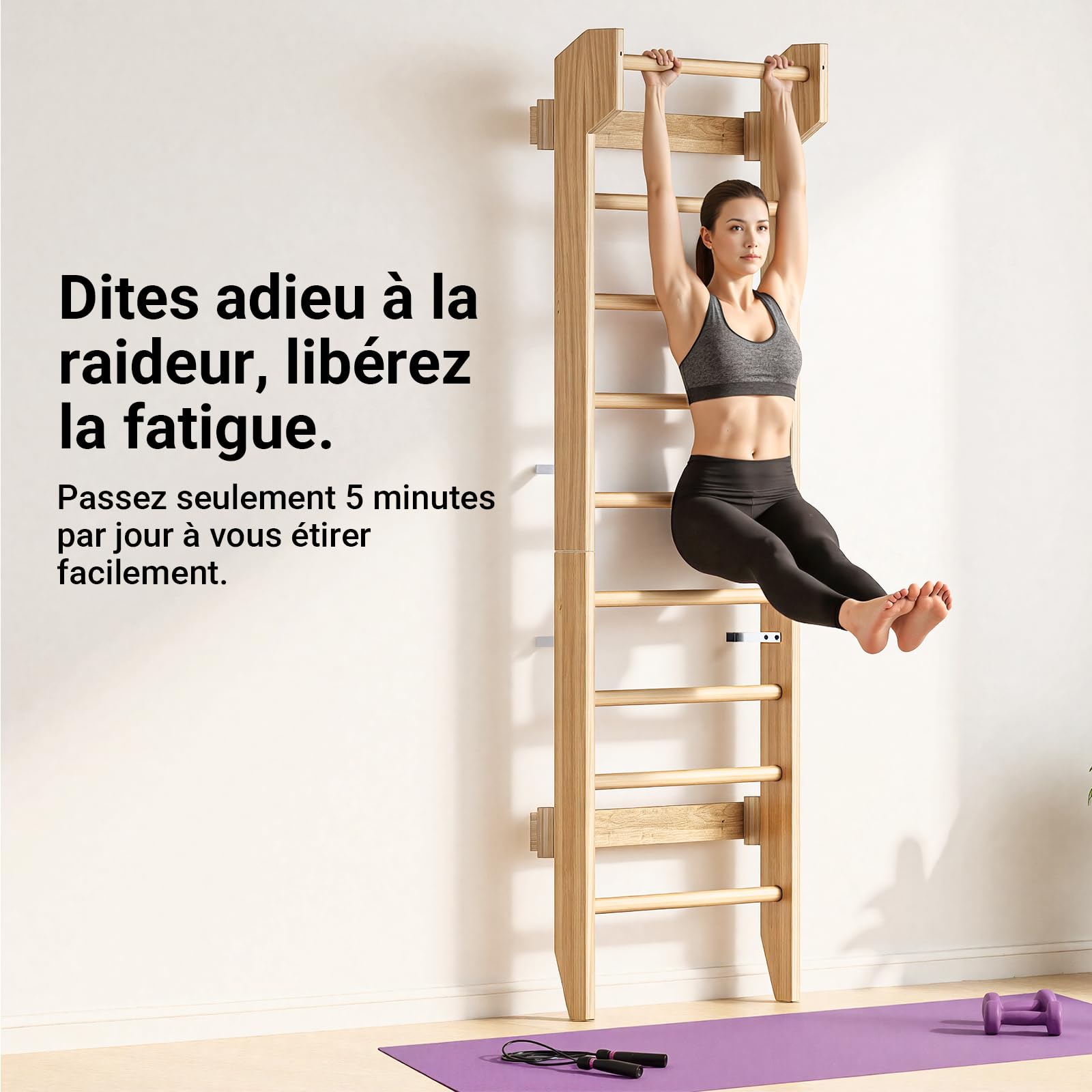 COSYLAND Espalier en Bois, Échelle Suédoise de Gym pour Adultes,Structure Murale Robuste Jusqu’à 100KG, Espalier Polyvalent pour Musculation, Étirements et Entraînement à Domicile