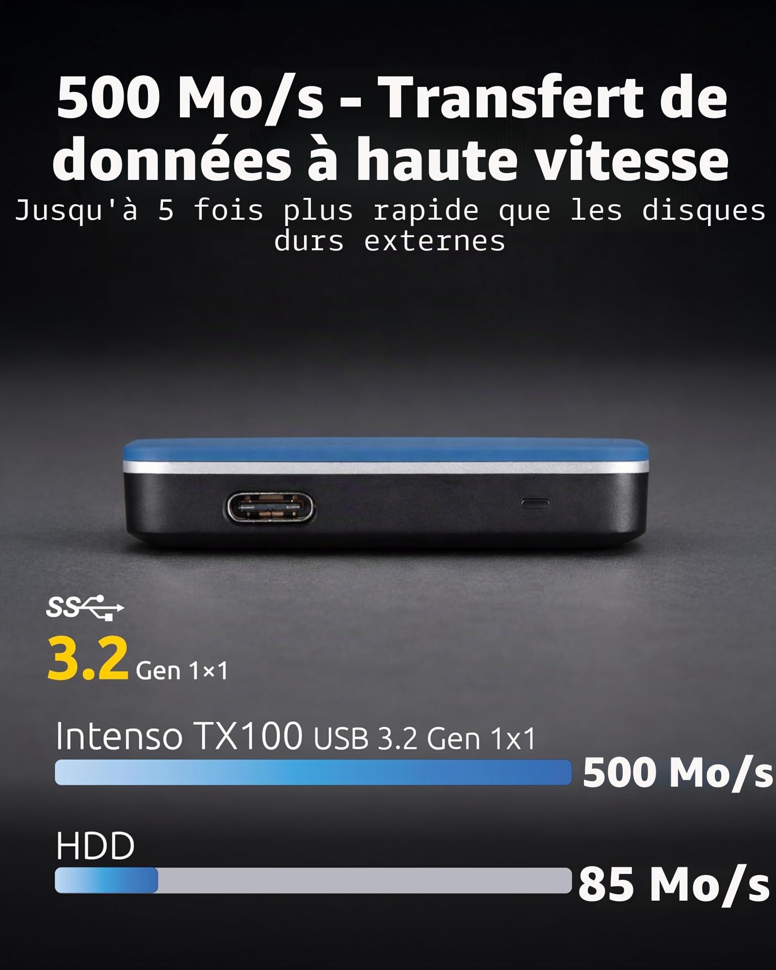 Intenso Disque dur externe SSD TX100, 500 Go Portable Solid State Drive, Super Speed USB 3.2 Gen 1x1 (5 Gbit/s), jusqu'à 500 Mo/s