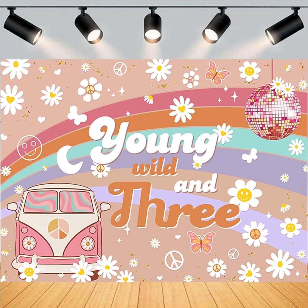 Three Groovy Retro Hippie Boho Daisy Flower Photography Background, 7x5FT, Multi-Colored, Vinyl, Birthday