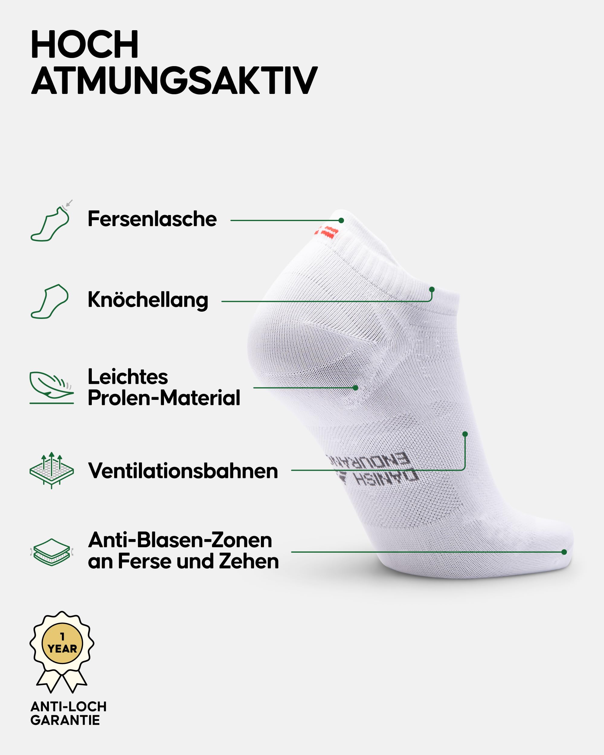 DANISH ENDURANCE Kurze Laufsocken, Sommer Sportsocken, Trainingssocken, Atmungsaktiv, Leichte Kompression & Schweißableitend, Damen und Herren, 3 Paar