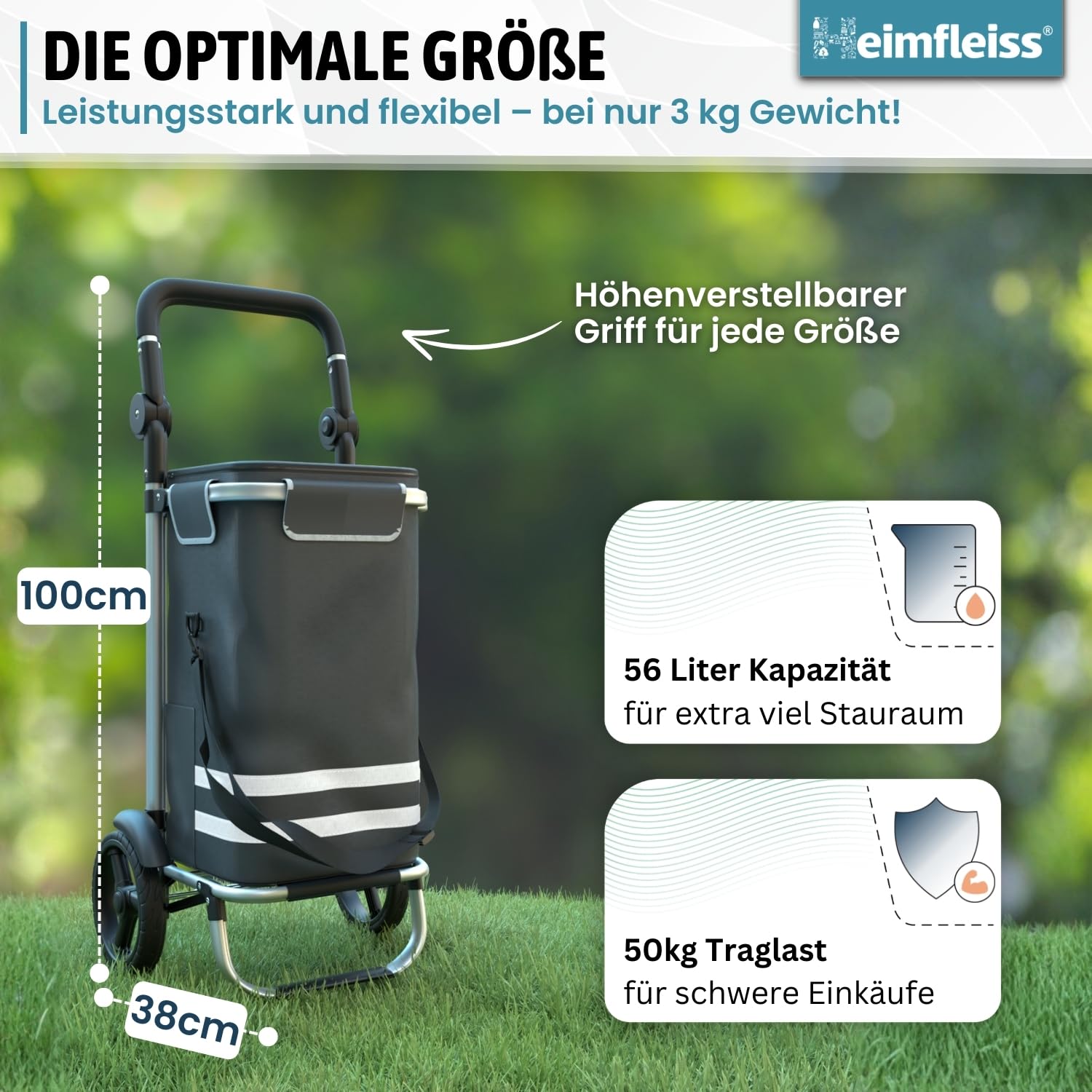 Heimfleiss® Trolley Einkaufstrolley mit 56L Volumen | Einkaufswagen klappbar mit 50kg Traglast | Leichte Einkaufstasche mit Rollen | Hackenporsche Shopping Trolley Groß mit Kühlfach