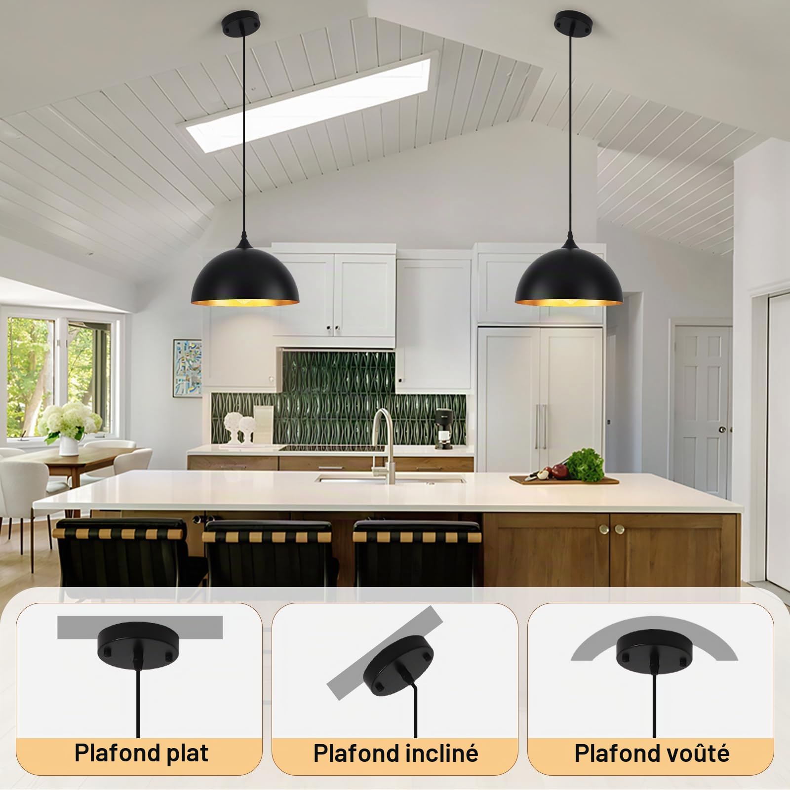 Lot de 3 Suspensions Industrielles, Suspensions Noires et Dorées | Luminaires Suspendus pour îlot de Cuisine pour Chambre à Coucher, Salon, Restaurant, Bar, E27
