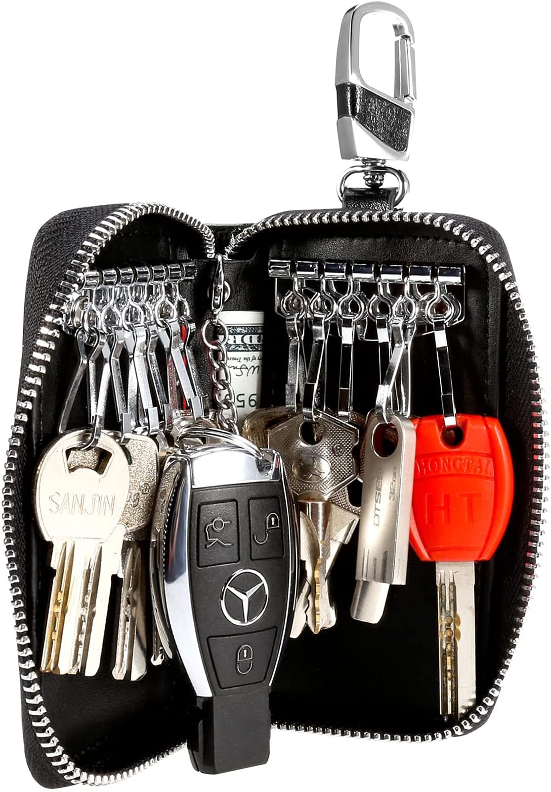 Etuis Porte Clés Cuir, Pochette Porte Clef Cuir Porte-Clé Voiture Porte-monnaie Sac à poche Sécurité Multifonctionnel Fermeture Éclair Classique Casual, avec 12 crochet Clip