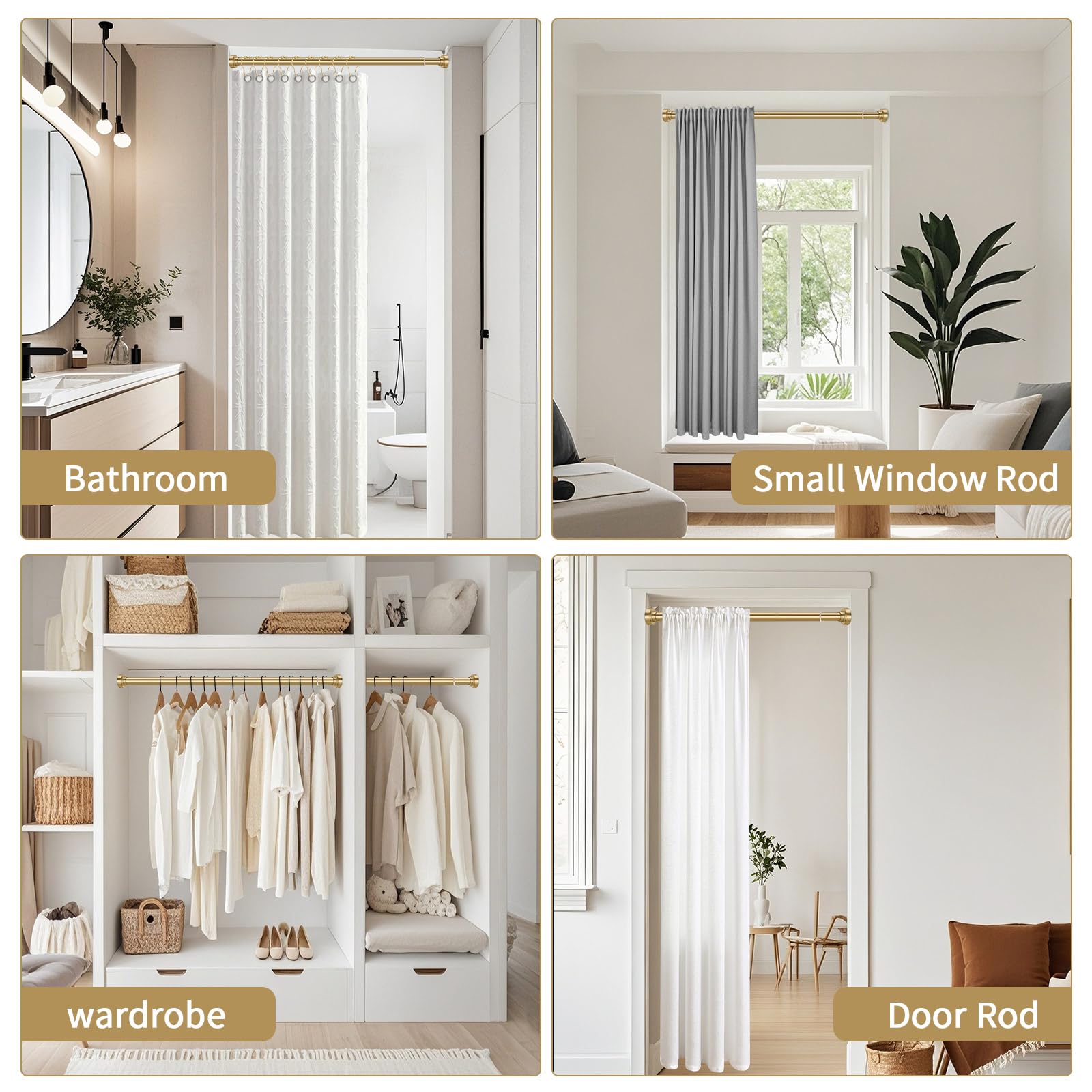 YNL Ausziehbare Duschvorhangstange, verstellbare Federspannung Gardinenstange ohne Bohren, rutschfest, rostet nicht, Edelstahl, für kleine Fenster, Waschküsche, Eingang, 86-167 cm, goldfarben
