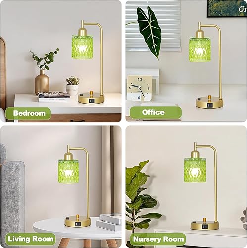 Miniatura 6 de Juego de 2 lámparas de mesa verdes con puerto USB y toma de corriente, lámpara de mesa de cristal para mesita de noche para dormitorio, lámparas de