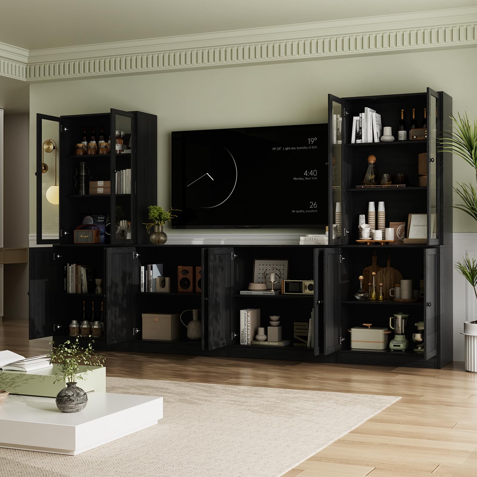VOWNER Grand Meuble TV Bibliothèque pour Télé jusqu'à 70", 280x180.3x40cm Meuble TV Suspendu avec Portes en Verre et Étagères, Meuble Télé Bois pour Salon, 2B+2E (Noir)