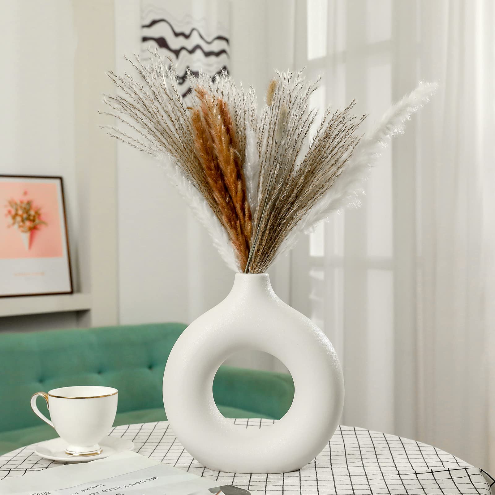 Boragai White Ceramic Vase Set of 2, Donut Vases for Home Decor, Small Flower Vase for Rustic Farmhouse Decor, Modern Boho Vase for Living Room, Office, Bedroom, Pampas Grass Vase