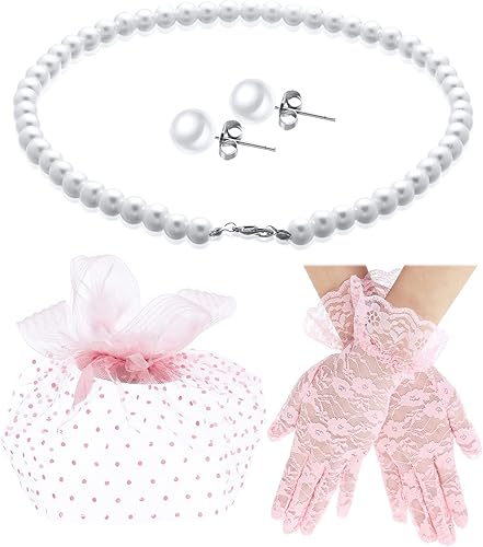 Honoson Juego de 4 Sombreros Fascinadores para Mujer, Accesorio de Tocado para Fiesta de Té, Velo, Guante de Encaje, Juego de Perlas, Boda,